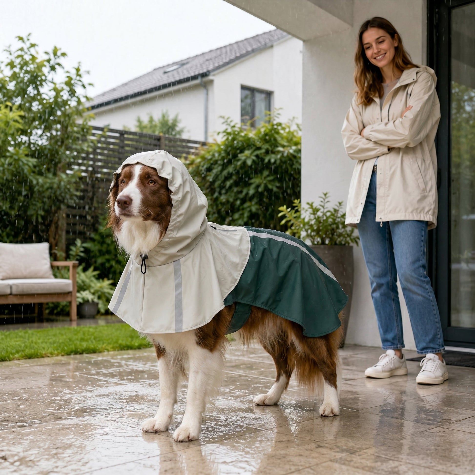 Dog Raincoat with Hood, Waterproof & Breathable Rain Jacket with Reflective Strips and Leash Hole, Adjustable Poncho for Medium Dogs, 15-20 KG Available, Green, M
