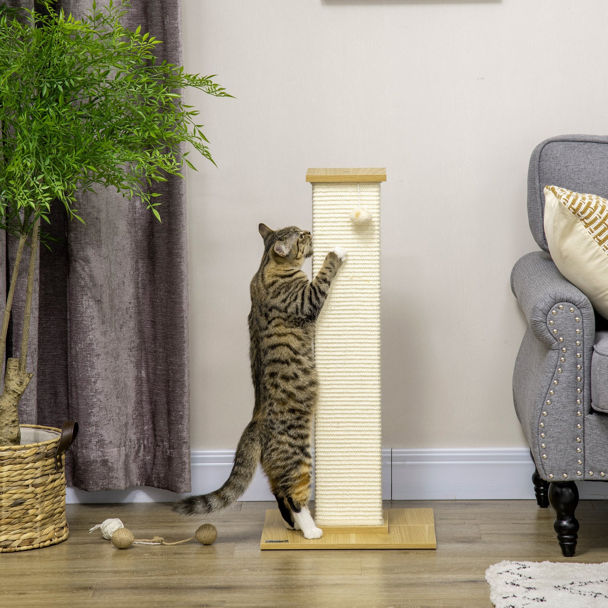 Cat Scratching Post 80cm Tall Cat Scratch Post with Hanging Ball Toy, Cat Scratcher Natural Sisal Rope