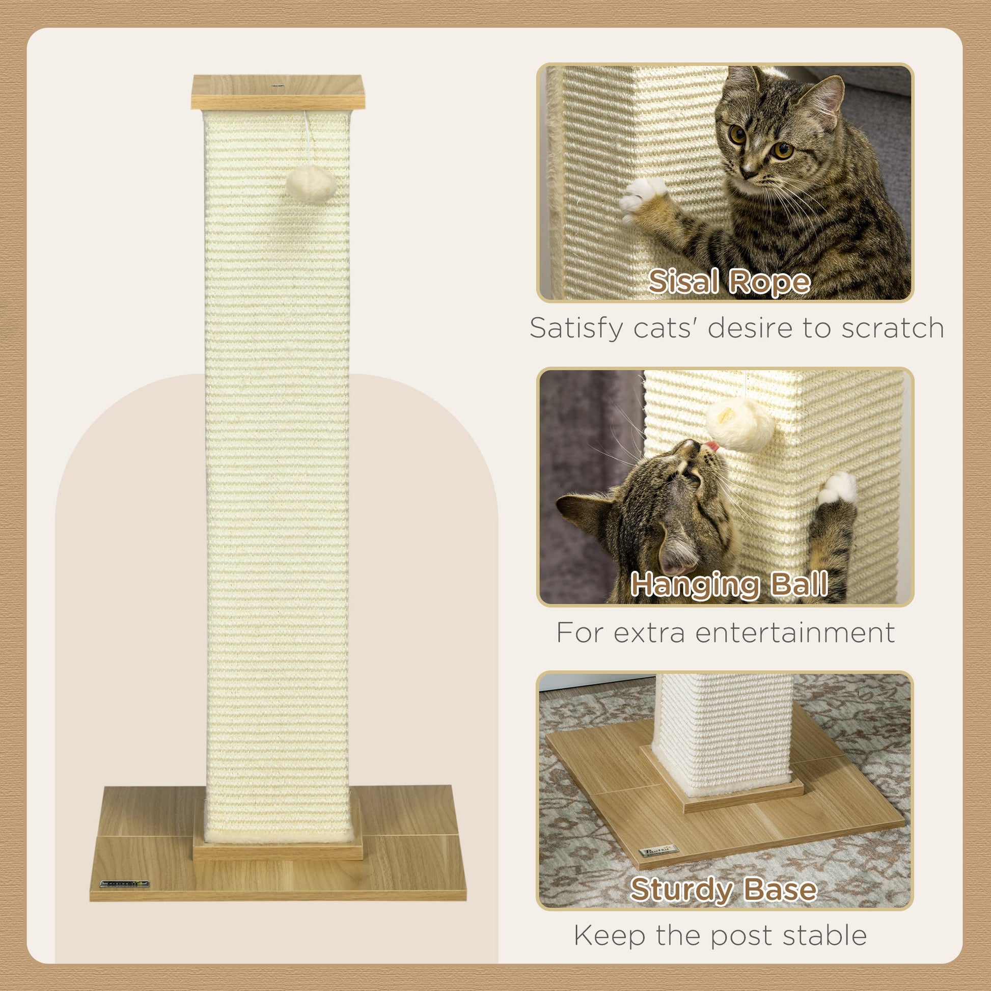 Cat Scratching Post 80cm Tall Cat Scratch Post with Hanging Ball Toy, Cat Scratcher Natural Sisal Rope