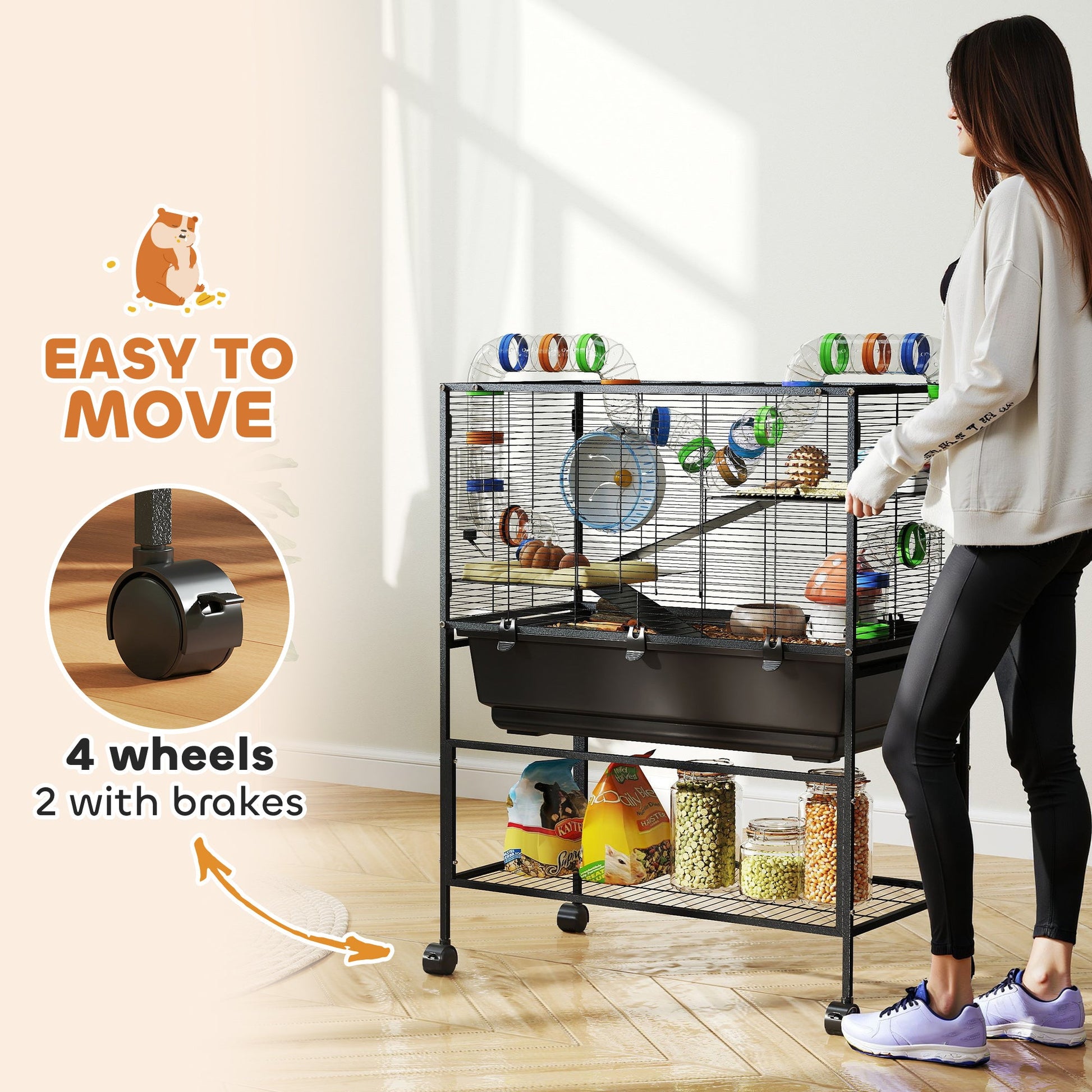 Hamster Cage, 3 Tier Large Gerbil Cage on Wheels with 17 cm Deep Tray, Storage Shelf, Big Exercise Wheel, Tube System, Hut, Platforms, Ramps, Food Dish, Water Bottle, for Syrian Hamsters, Rats