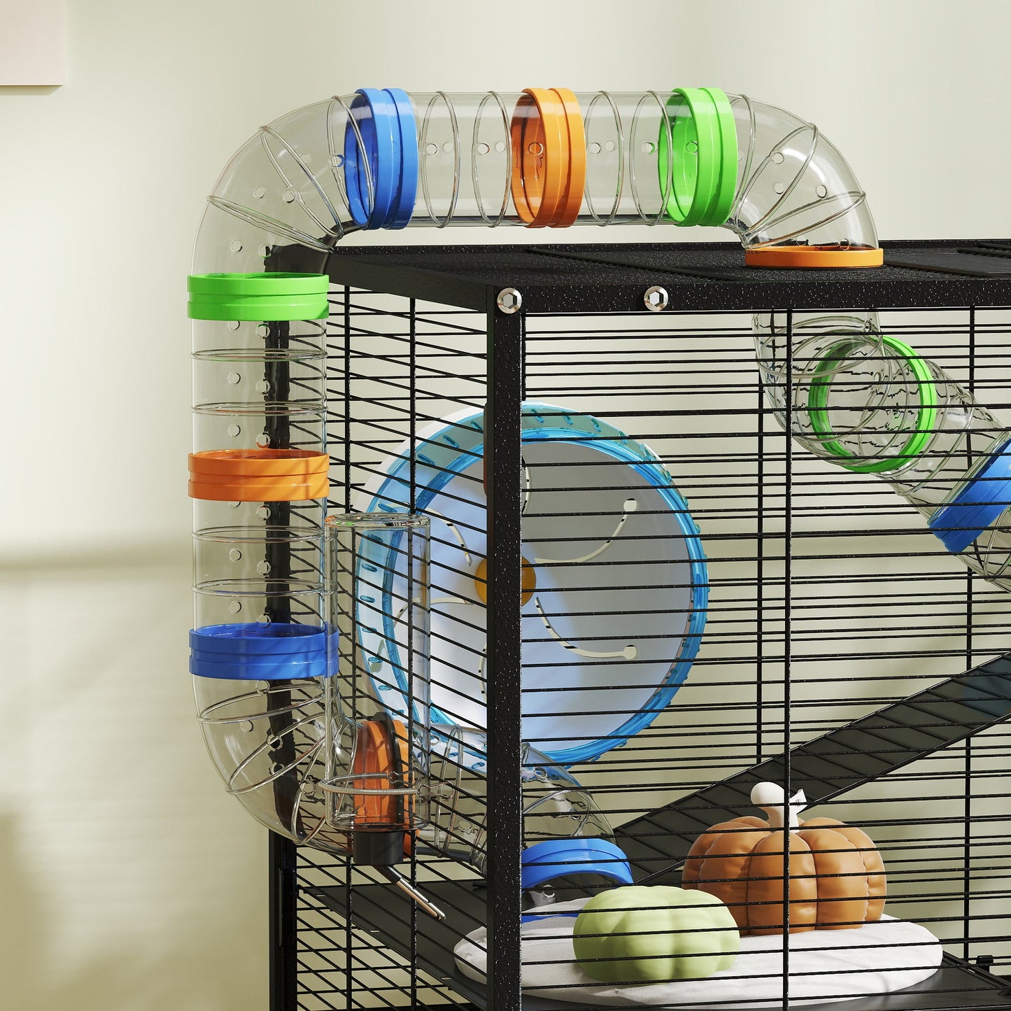 Hamster Cage, 3 Tier Large Gerbil Cage on Wheels with 17 cm Deep Tray, Storage Shelf, Big Exercise Wheel, Tube System, Hut, Platforms, Ramps, Food Dish, Water Bottle, for Syrian Hamsters, Rats