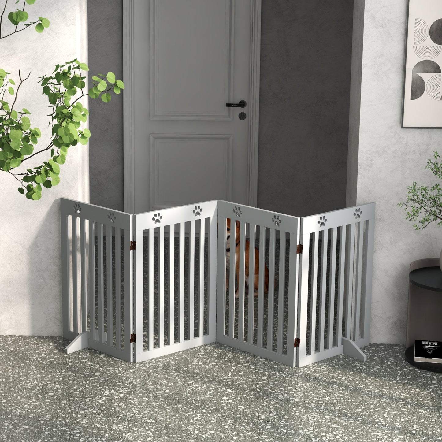 Freestanding Pet Gate 4 Panel Dog Barrier Folding Safety Fence with Support Feet up to 204cm Long 75cm Tall for Doorway Stairs, Grey