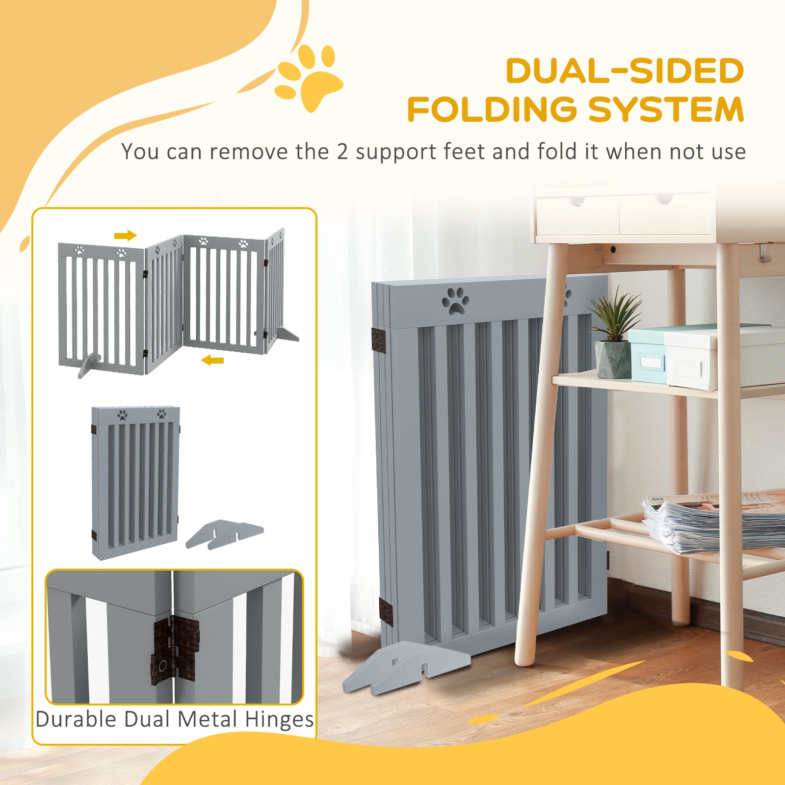 Freestanding Pet Gate 4 Panel Dog Barrier Folding Safety Fence with Support Feet up to 204cm Long 75cm Tall for Doorway Stairs, Grey