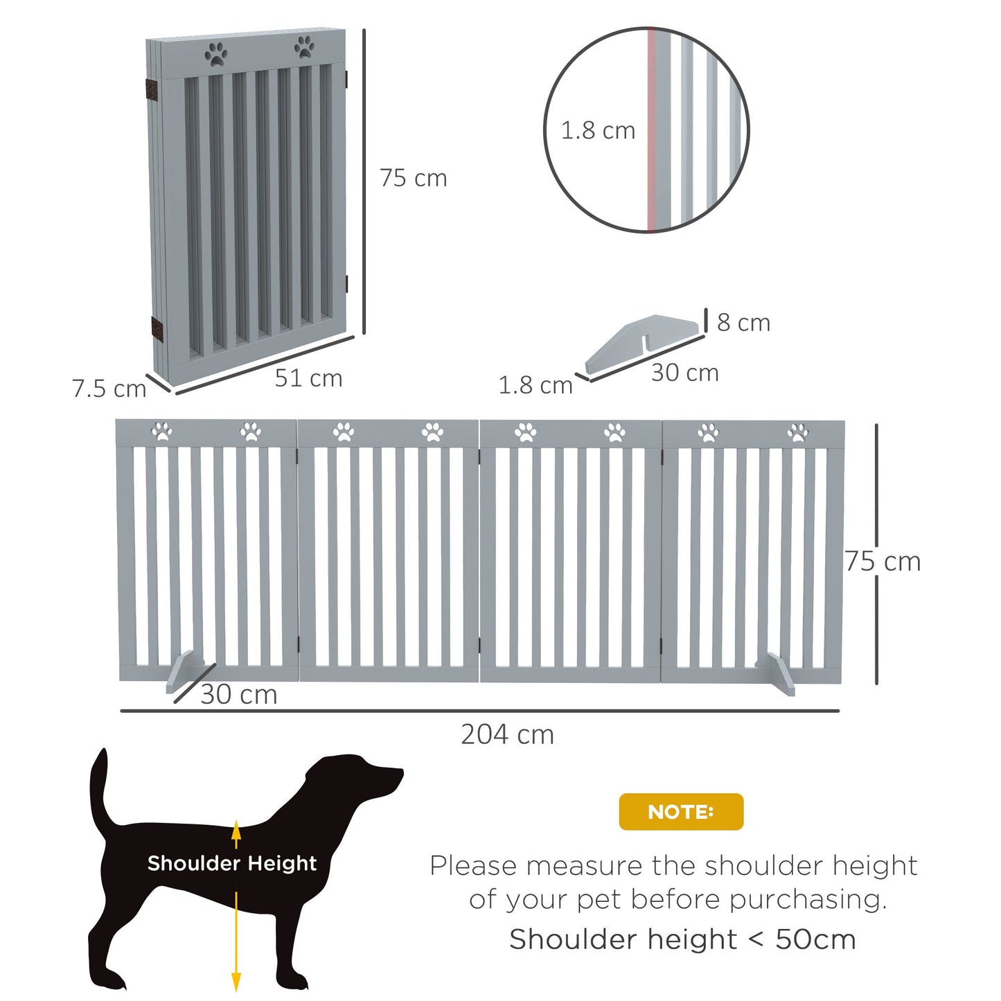 Freestanding Pet Gate 4 Panel Dog Barrier Folding Safety Fence with Support Feet up to 204cm Long 75cm Tall for Doorway Stairs, Grey