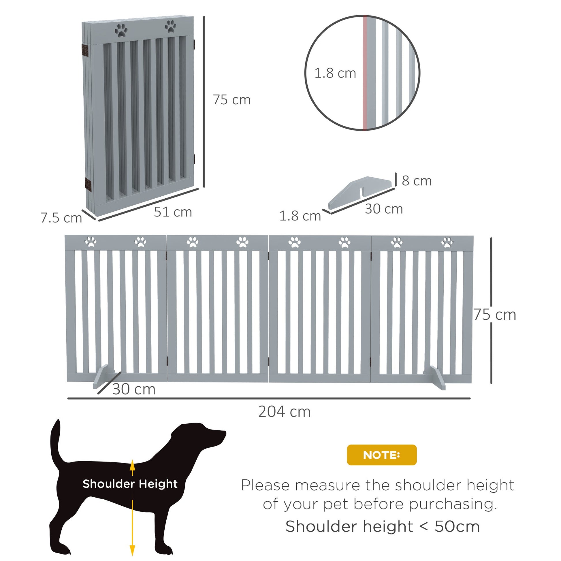 Freestanding Pet Gate 4 Panel Dog Barrier Folding Safety Fence with Support Feet up to 204cm Long 75cm Tall for Doorway Stairs, Grey