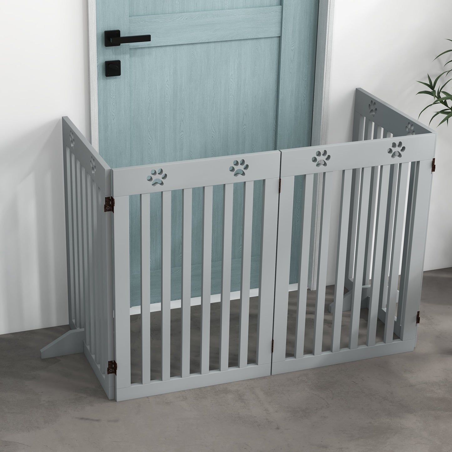 Freestanding Pet Gate 4 Panel Dog Barrier Folding Safety Fence with Support Feet up to 204cm Long 75cm Tall for Doorway Stairs, Grey