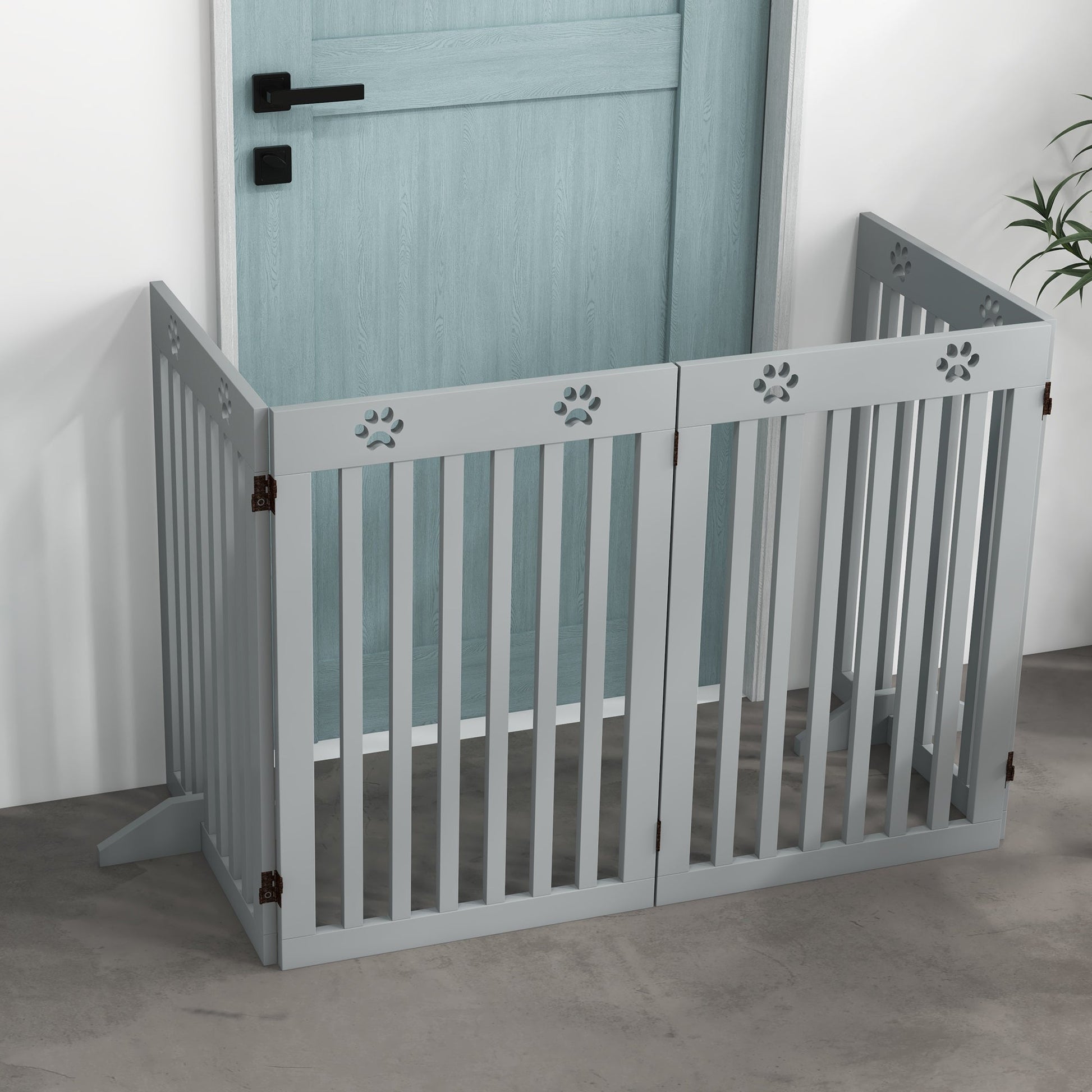 Freestanding Pet Gate 4 Panel Dog Barrier Folding Safety Fence with Support Feet up to 204cm Long 75cm Tall for Doorway Stairs, Grey