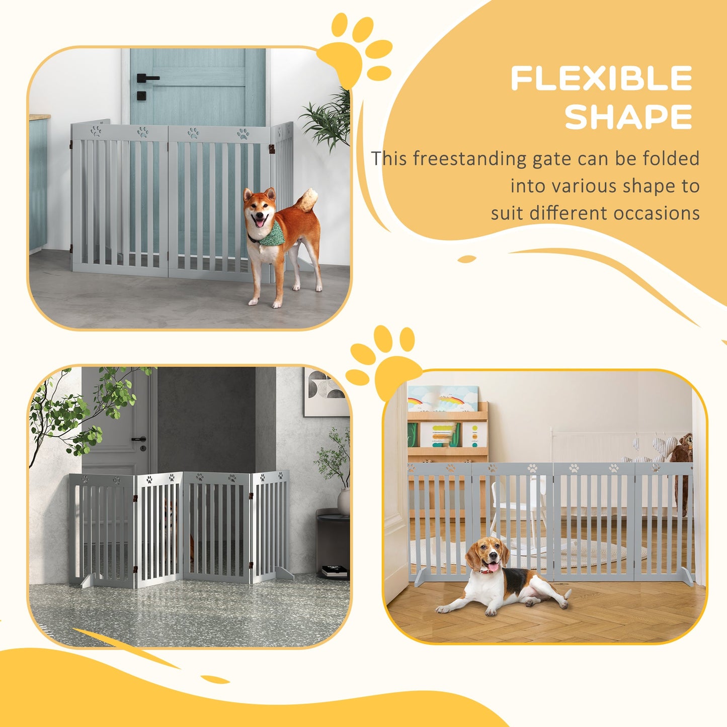 Freestanding Pet Gate 4 Panel Dog Barrier Folding Safety Fence with Support Feet up to 204cm Long 75cm Tall for Doorway Stairs, Grey