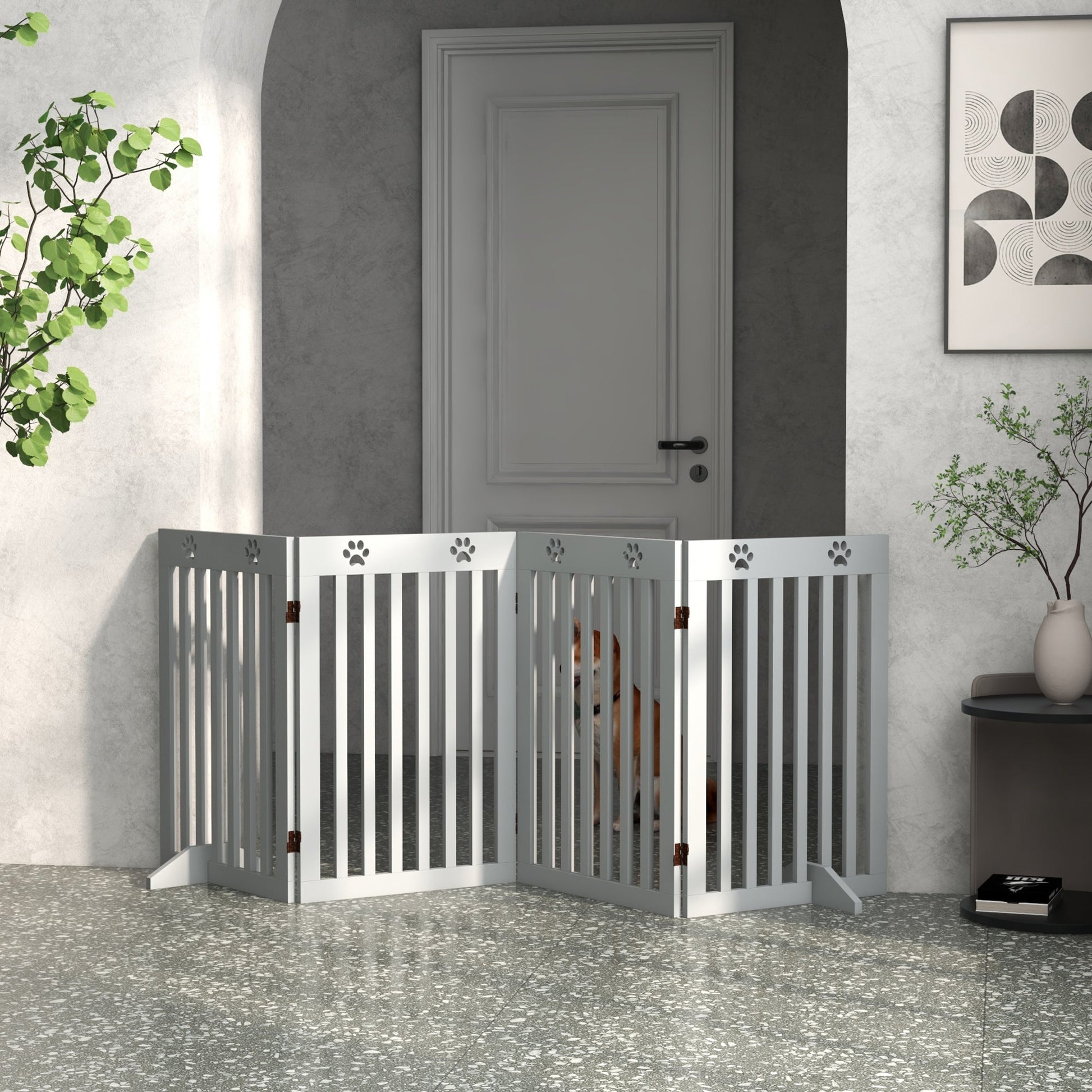 Freestanding Pet Gate 4 Panel Dog Barrier Folding Safety Fence with Support Feet up to 204cm Long 75cm Tall for Doorway Stairs, Grey