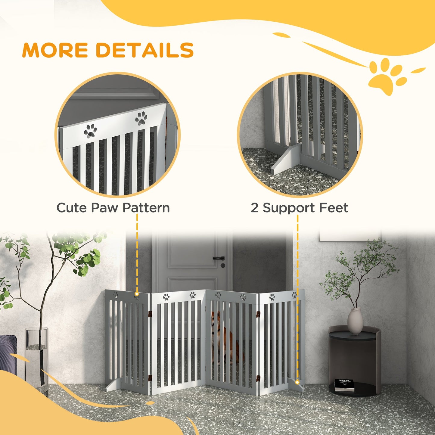 Freestanding Pet Gate 4 Panel Dog Barrier Folding Safety Fence with Support Feet up to 204cm Long 75cm Tall for Doorway Stairs, Grey