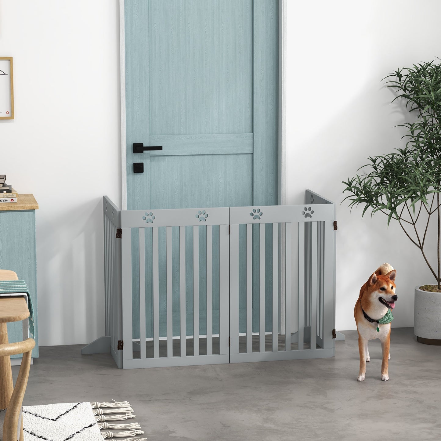 Freestanding Pet Gate 4 Panel Dog Barrier Folding Safety Fence with Support Feet up to 204cm Long 75cm Tall for Doorway Stairs, Grey