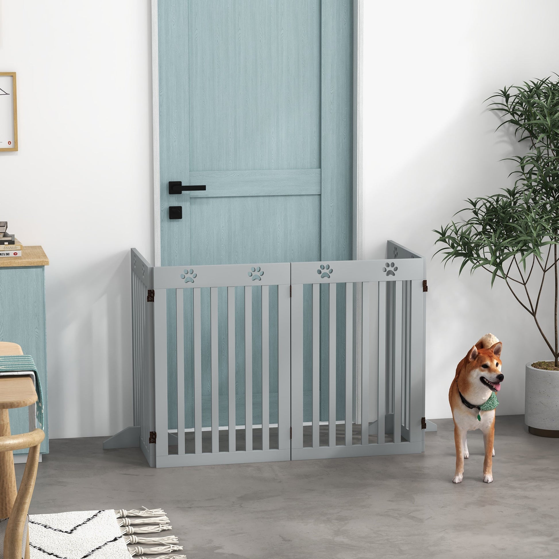 Freestanding Pet Gate 4 Panel Dog Barrier Folding Safety Fence with Support Feet up to 204cm Long 75cm Tall for Doorway Stairs, Grey