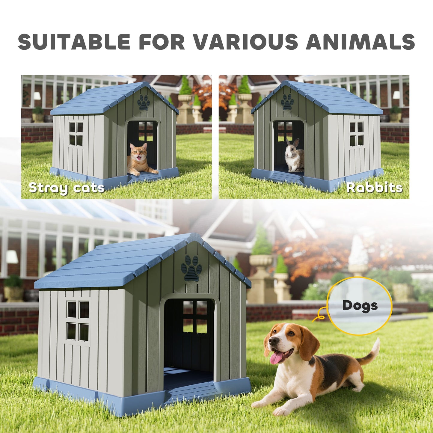 Dog Kennel Outdoor for Medium Dogs, Waterproof Plastic Dog House for Garden, Patio, Indoor Outdoor Pet Shelter with Elevated Base, 85 x 79 x 82 cm, Grey