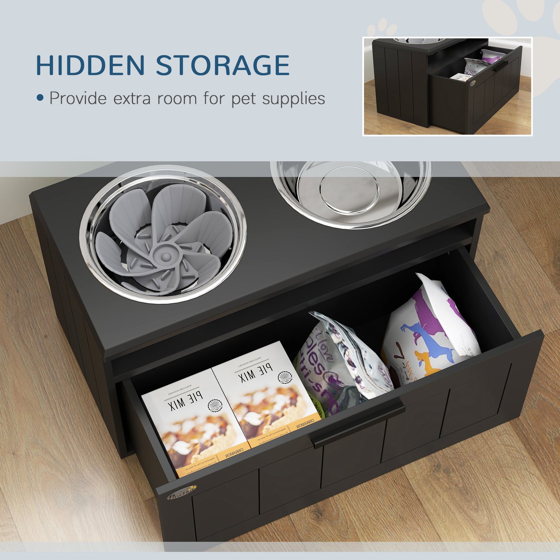 Raised Dog Bowl, Elevated Pet Bowls with Slow Feeder, Two Stainless Steel Bowls, Drawer, for Large & Extra Large Dogs, Black