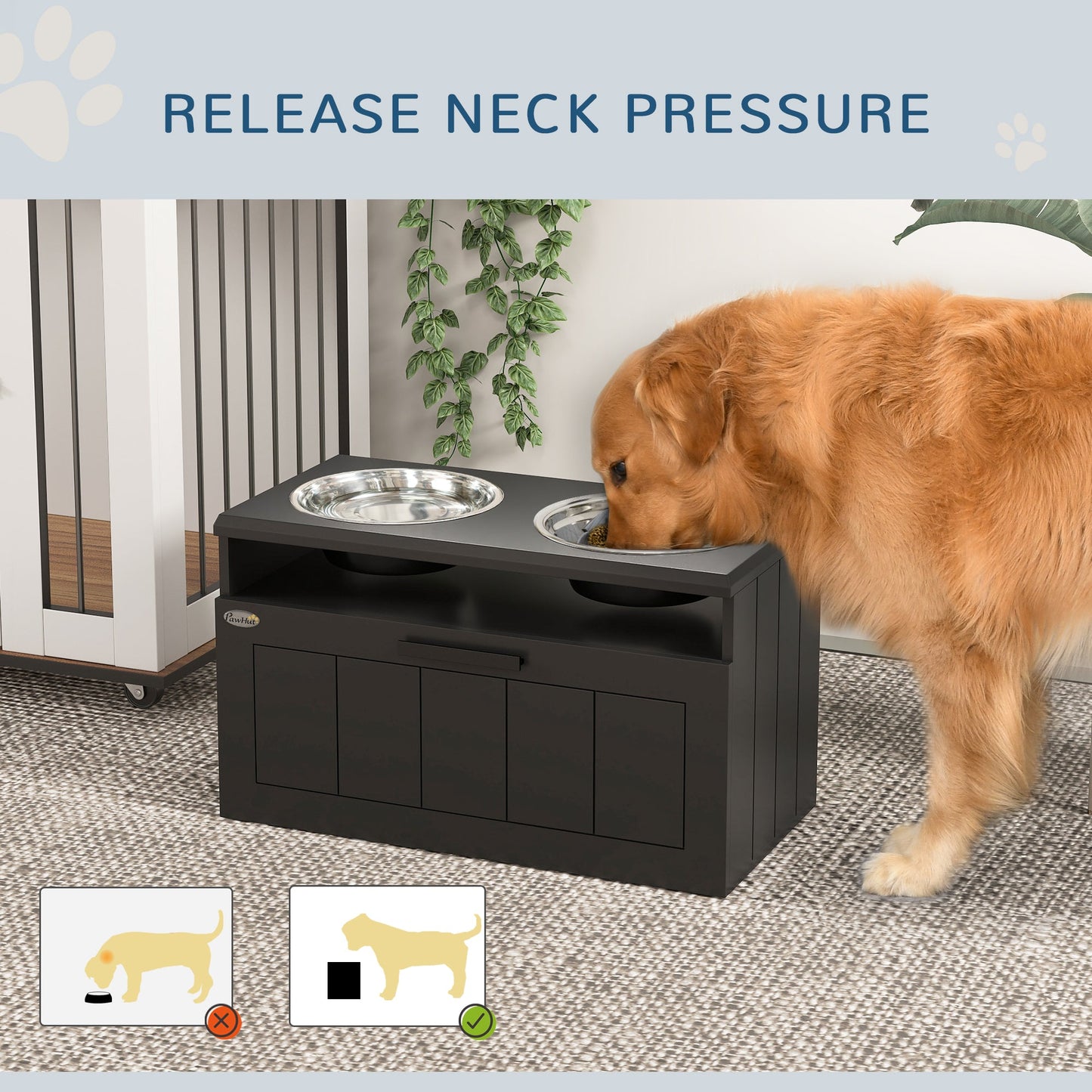 Raised Dog Bowl, Elevated Pet Bowls with Slow Feeder, Two Stainless Steel Bowls, Drawer, for Large & Extra Large Dogs, Black