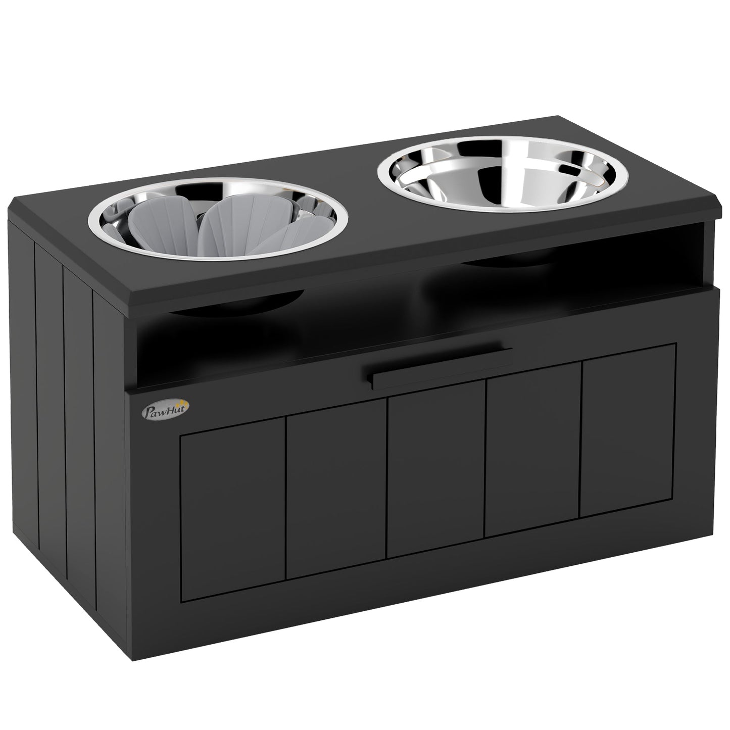 Raised Dog Bowl, Elevated Pet Bowls with Slow Feeder, Two Stainless Steel Bowls, Drawer, for Large & Extra Large Dogs, Black