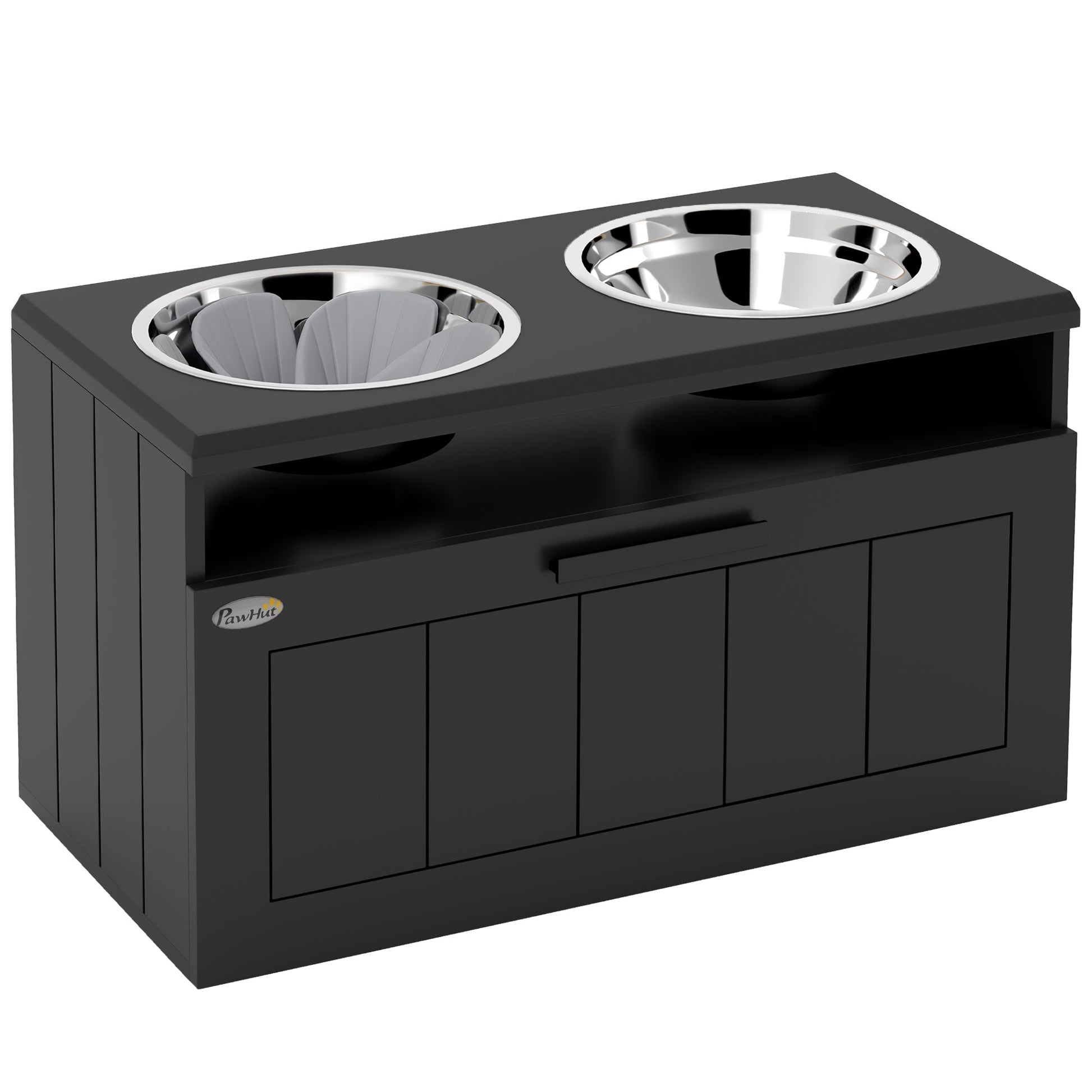 Raised Dog Bowl, Elevated Pet Bowls with Slow Feeder, Two Stainless Steel Bowls, Drawer, for Large & Extra Large Dogs, Black