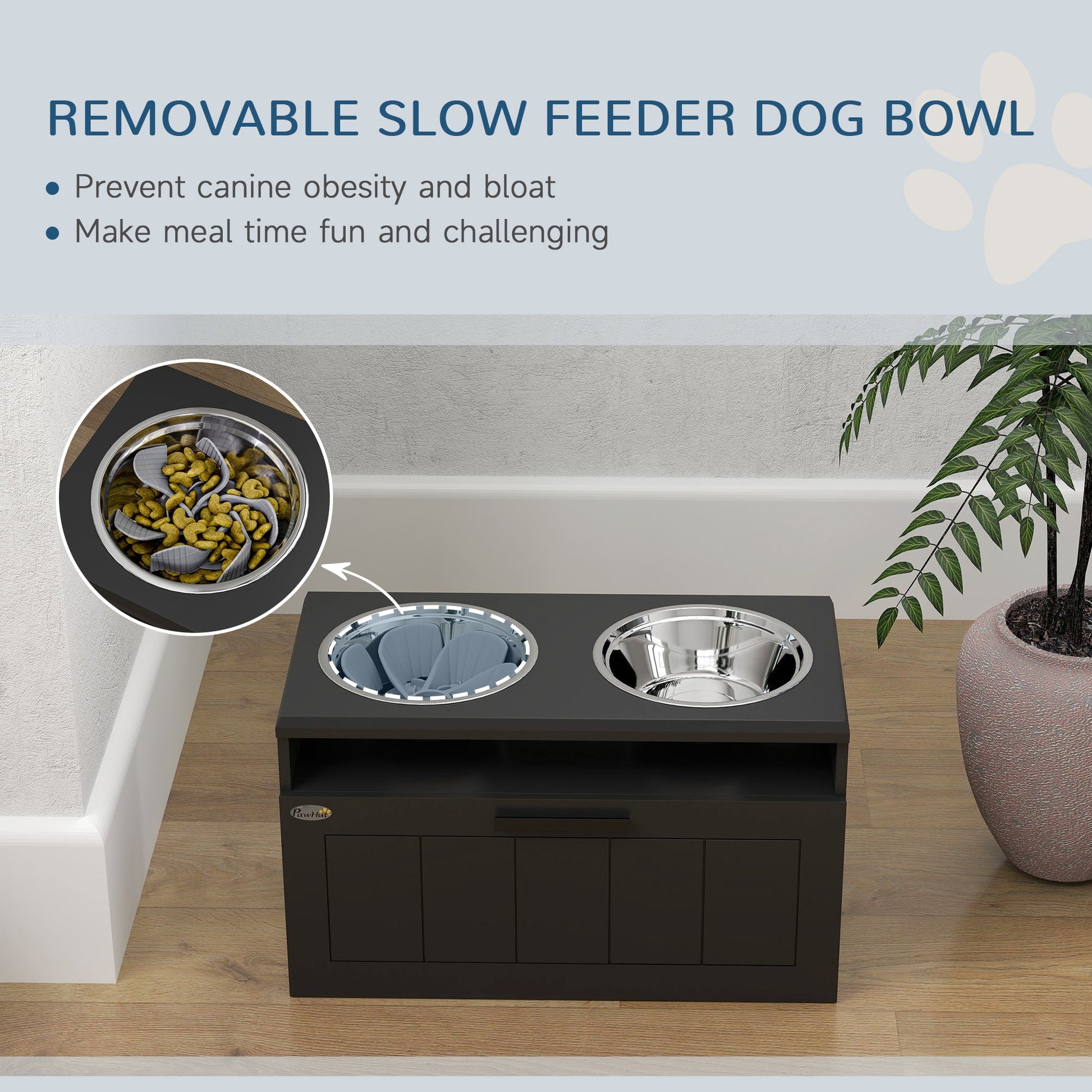 Raised Dog Bowl, Elevated Pet Bowls with Slow Feeder, Two Stainless Steel Bowls, Drawer, for Large & Extra Large Dogs, Black