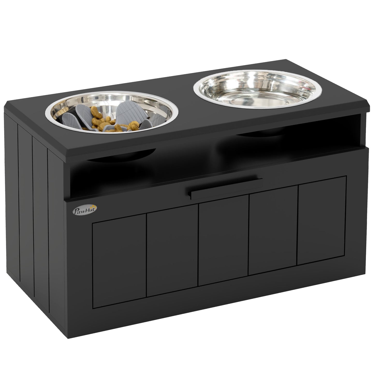 Raised Dog Bowl, Elevated Pet Bowls with Slow Feeder, Two Stainless Steel Bowls, Drawer, for Large & Extra Large Dogs, Black