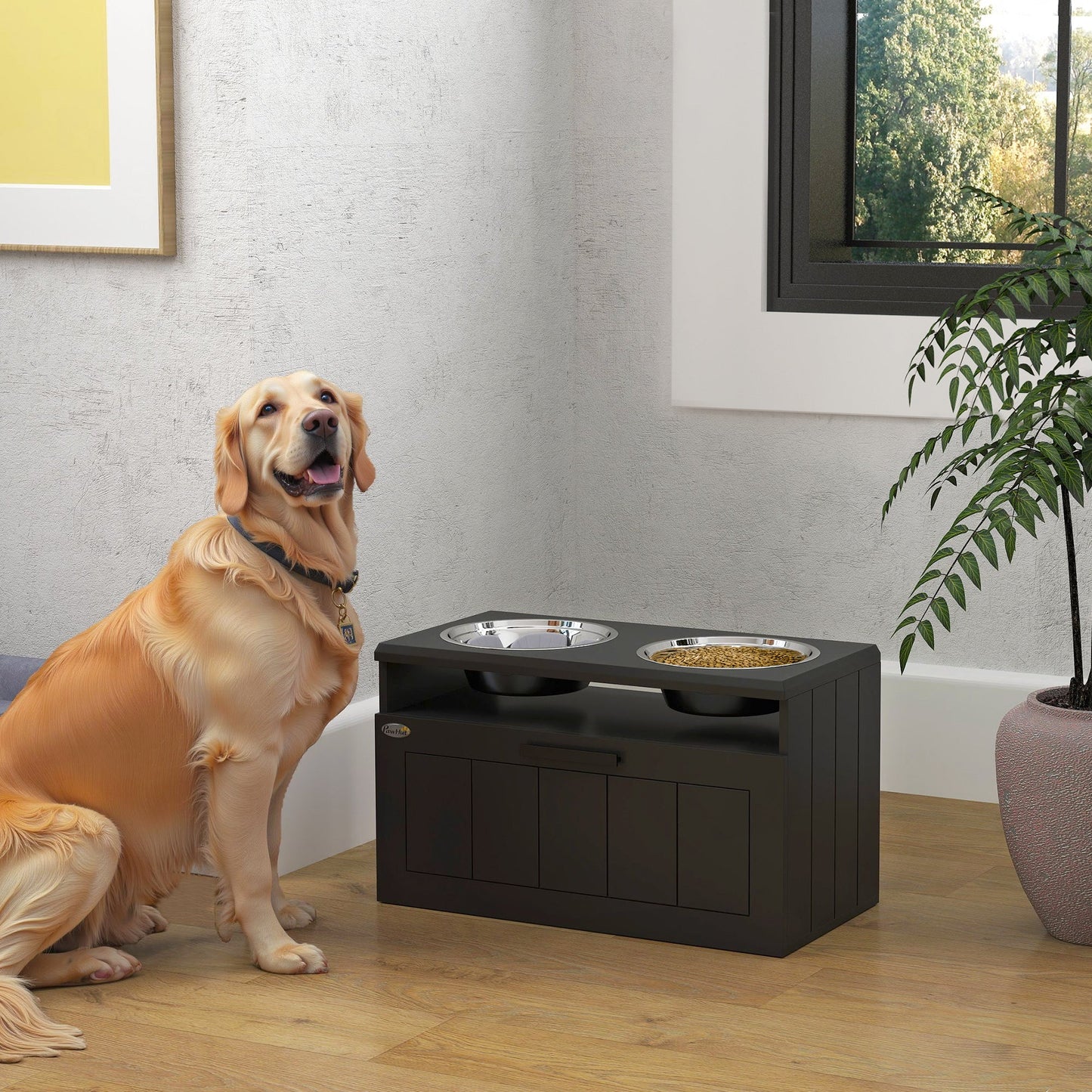 Raised Dog Bowl, Elevated Pet Bowls with Slow Feeder, Two Stainless Steel Bowls, Drawer, for Large & Extra Large Dogs, Black