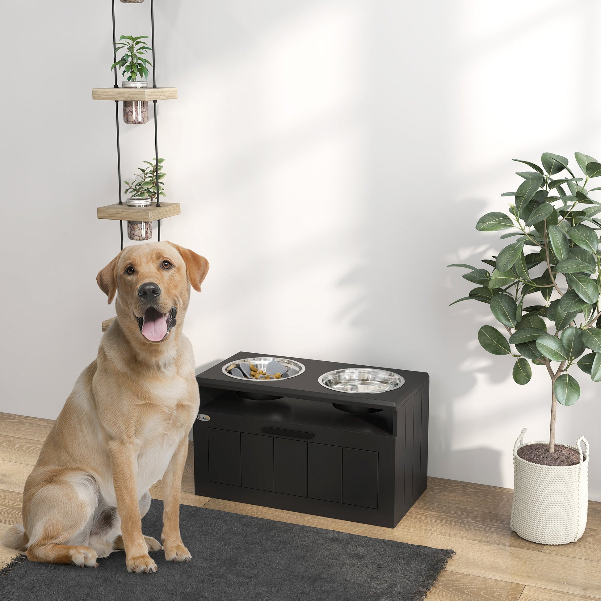 Raised Dog Bowl, Elevated Pet Bowls with Slow Feeder, Two Stainless Steel Bowls, Drawer, for Large & Extra Large Dogs, Black