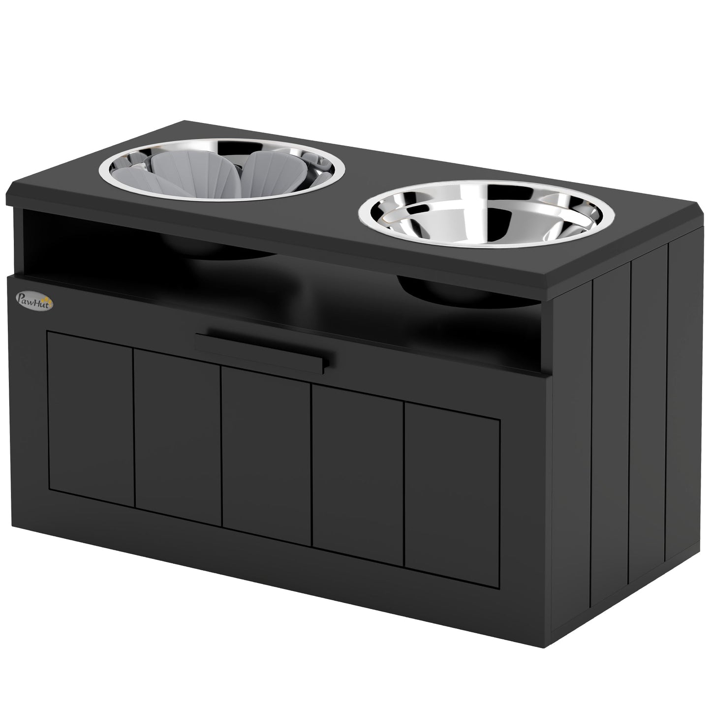 Raised Dog Bowl, Elevated Pet Bowls with Slow Feeder, Two Stainless Steel Bowls, Drawer, for Large & Extra Large Dogs, Black