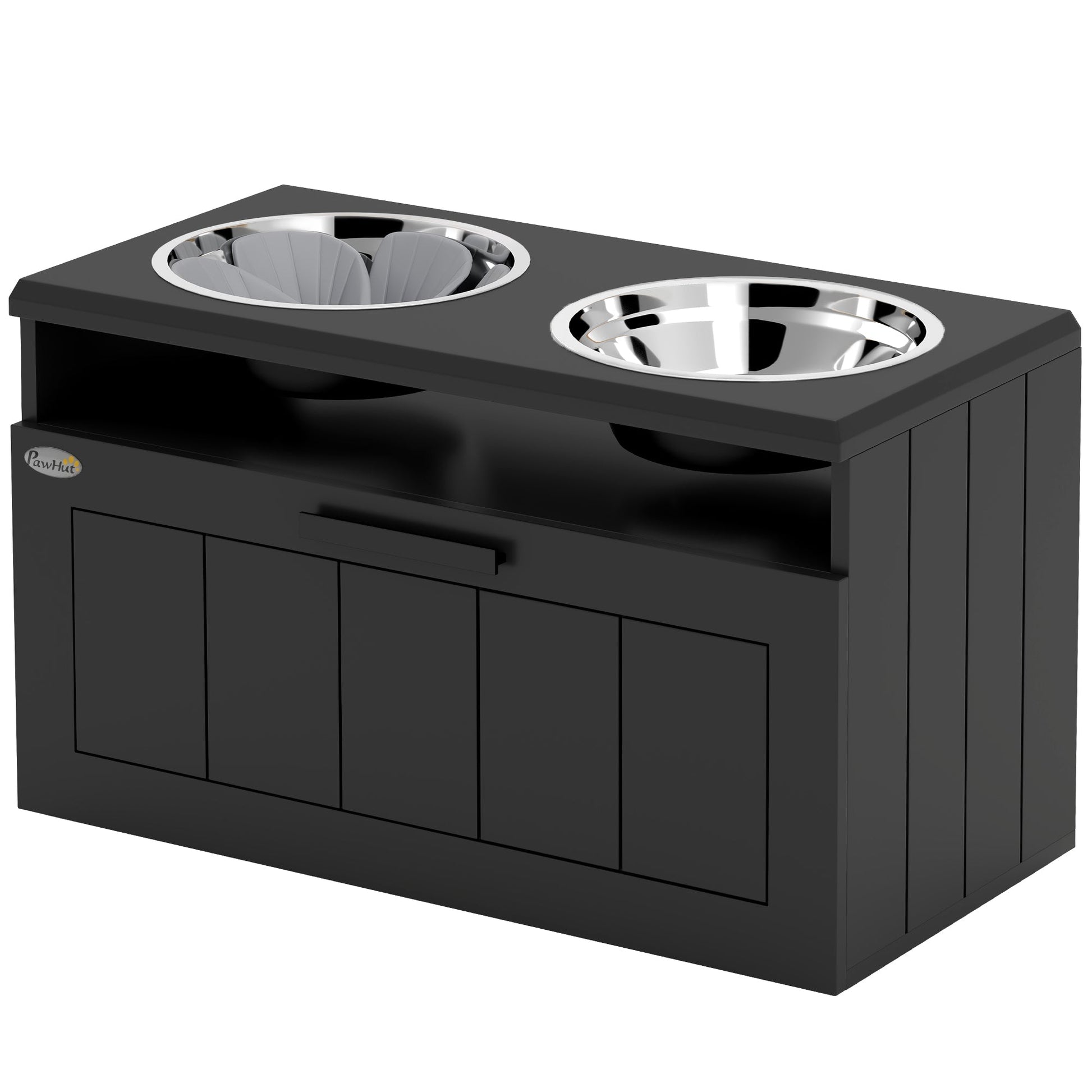 Raised Dog Bowl, Elevated Pet Bowls with Slow Feeder, Two Stainless Steel Bowls, Drawer, for Large & Extra Large Dogs, Black