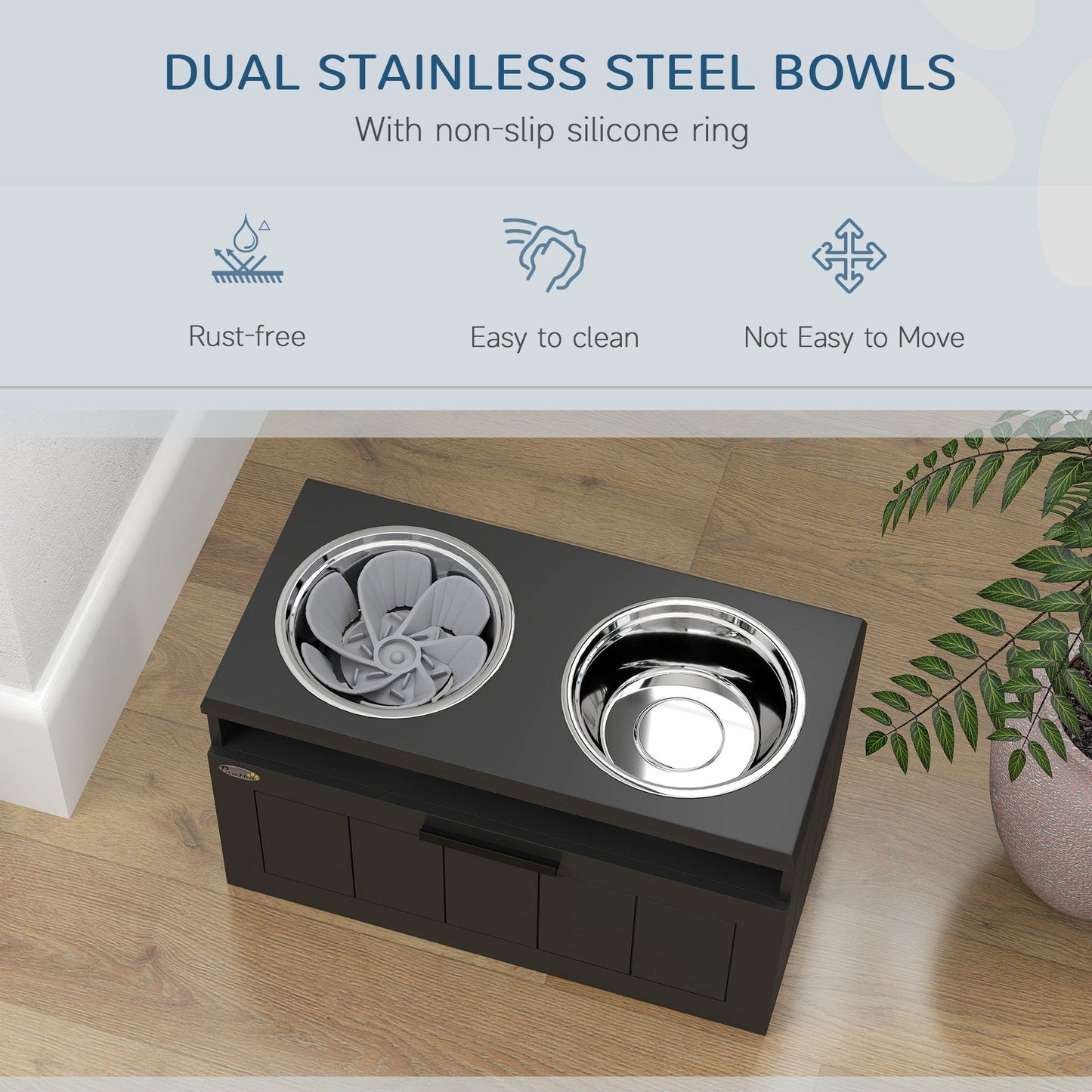 Raised Dog Bowl, Elevated Pet Bowls with Slow Feeder, Two Stainless Steel Bowls, Drawer, for Large & Extra Large Dogs, Black