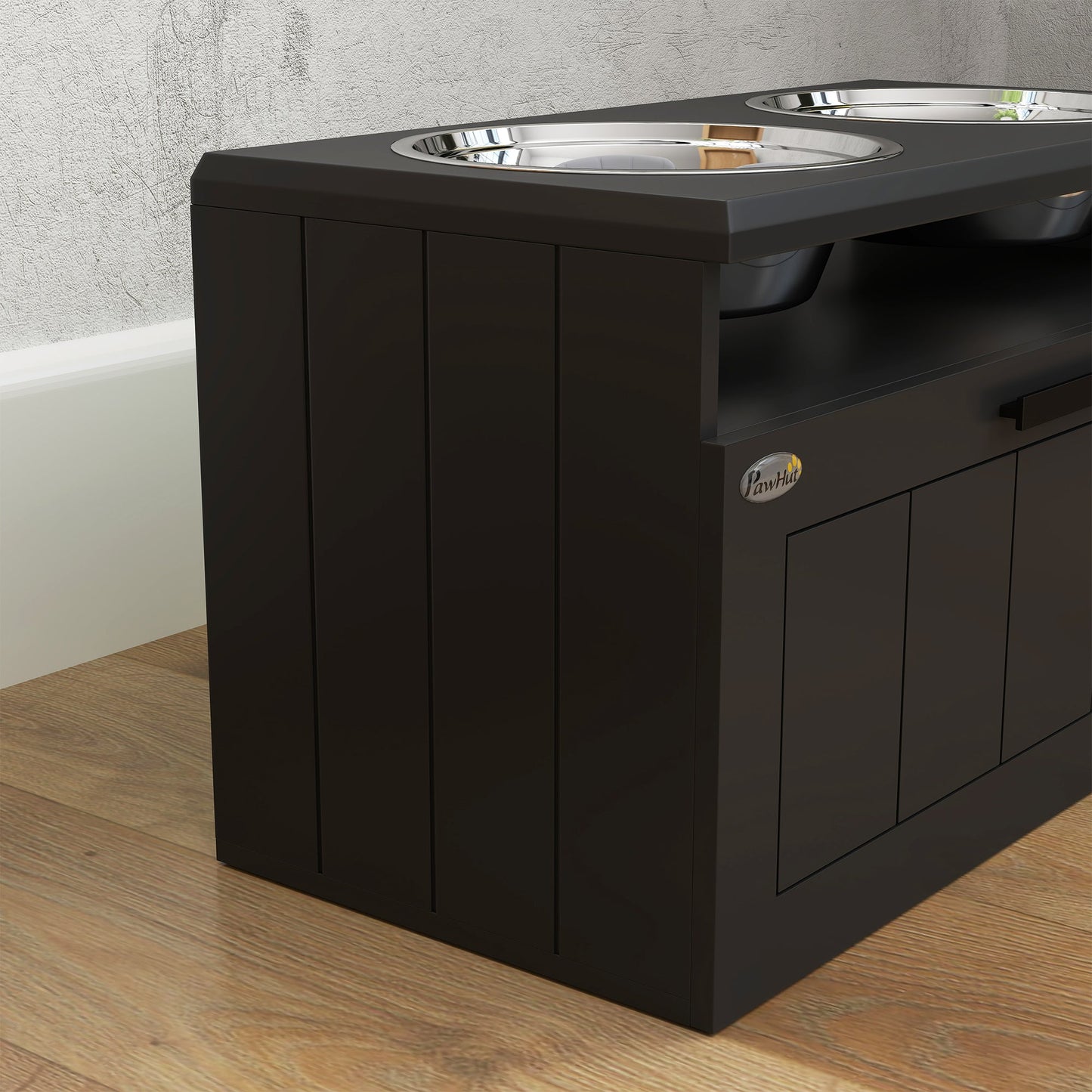 Raised Dog Bowl, Elevated Pet Bowls with Slow Feeder, Two Stainless Steel Bowls, Drawer, for Large & Extra Large Dogs, Black