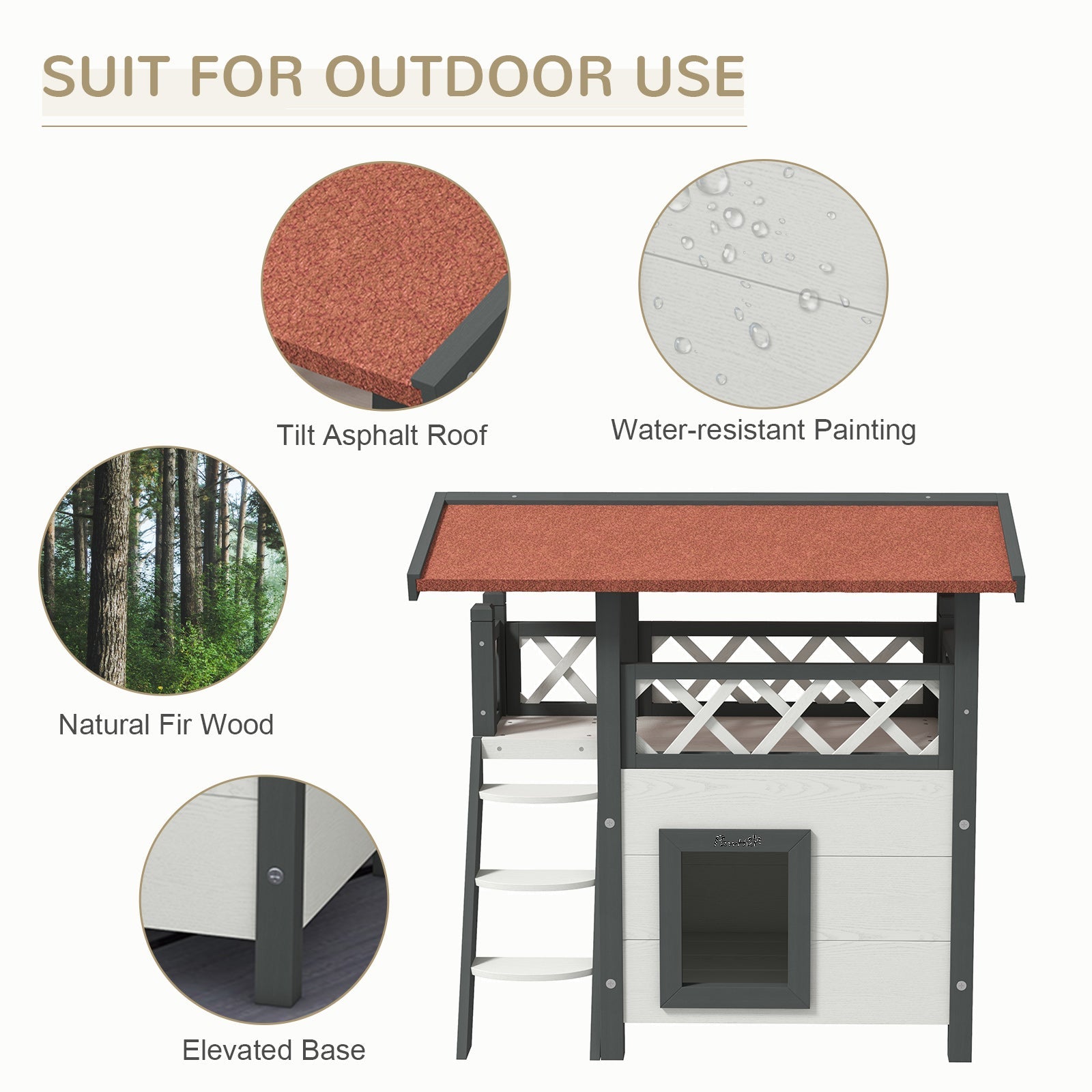 Cat House Outdoor, Wooden Feral Cat House with Balcony Stairs Asphalt Waterproof 77L x 50W x 73Hcm - White