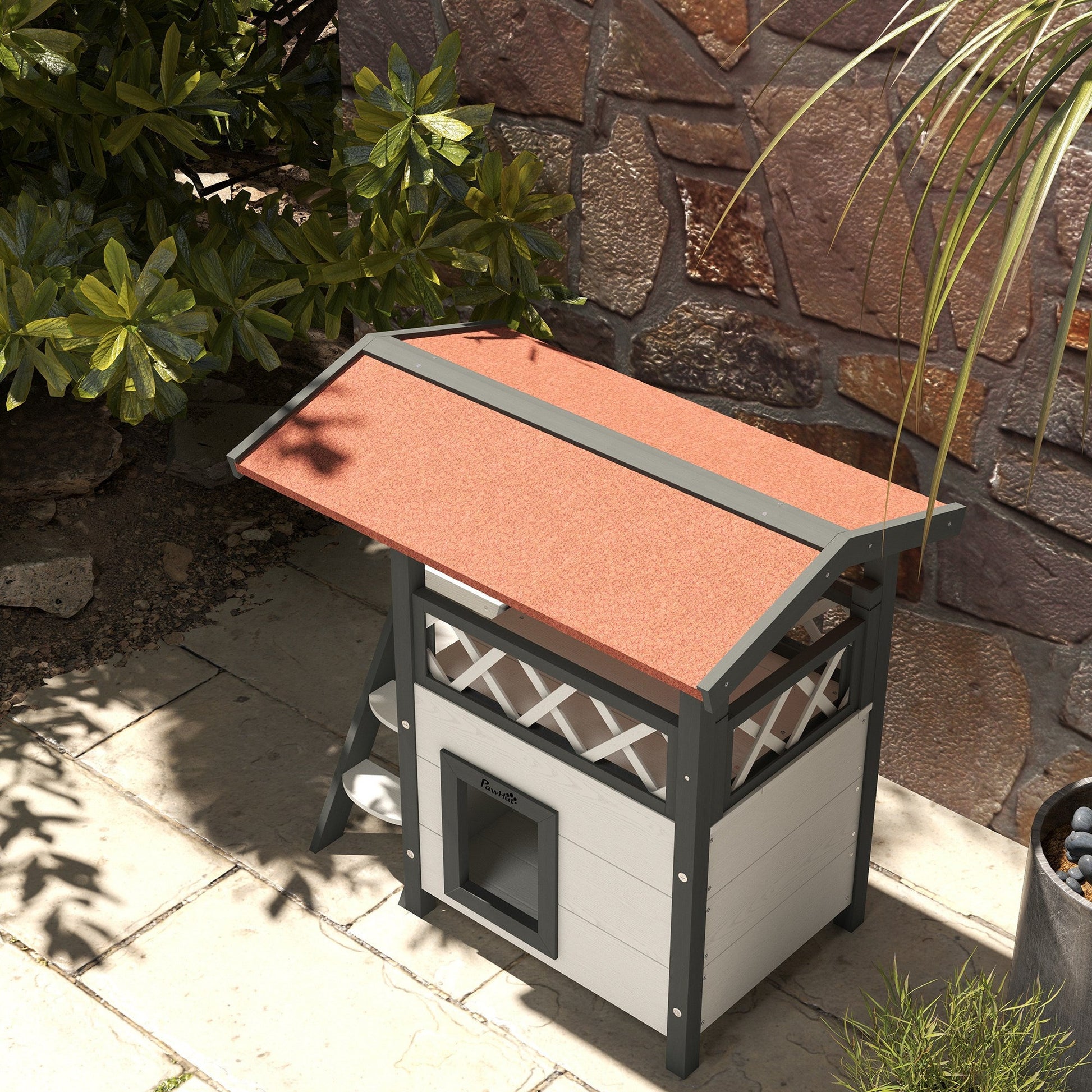 Cat House Outdoor, Wooden Feral Cat House with Balcony Stairs Asphalt Waterproof 77L x 50W x 73Hcm - White