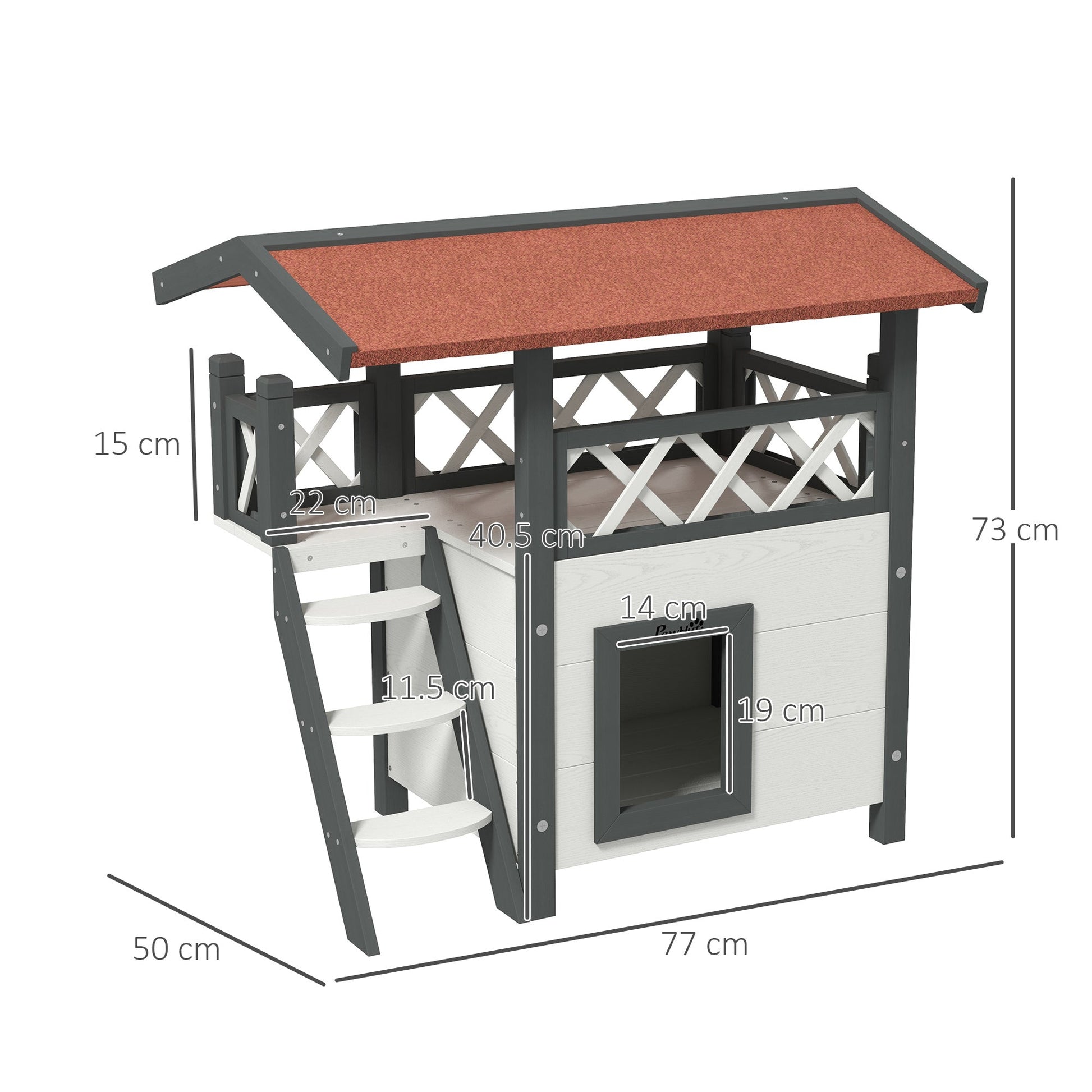 Cat House Outdoor, Wooden Feral Cat House with Balcony Stairs Asphalt Waterproof 77L x 50W x 73Hcm - White