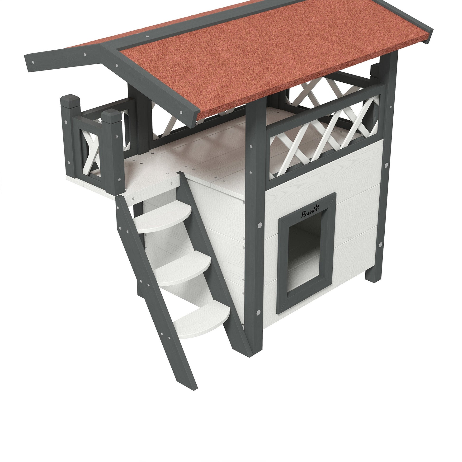 Cat House Outdoor, Wooden Feral Cat House with Balcony Stairs Asphalt Waterproof 77L x 50W x 73Hcm - White