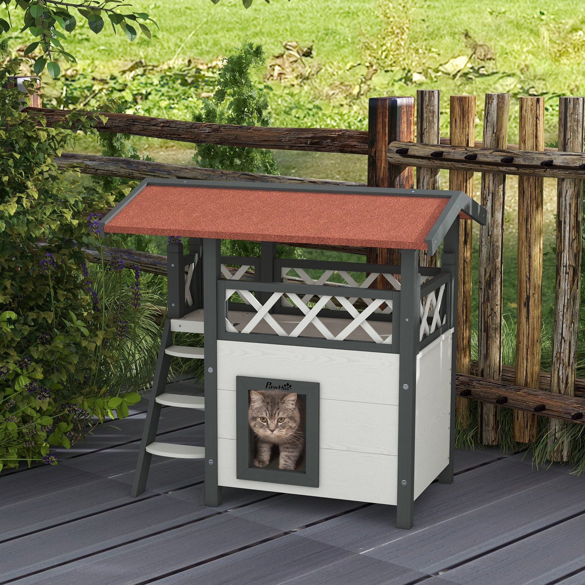 Cat House Outdoor, Wooden Feral Cat House with Balcony Stairs Asphalt Waterproof 77L x 50W x 73Hcm - White