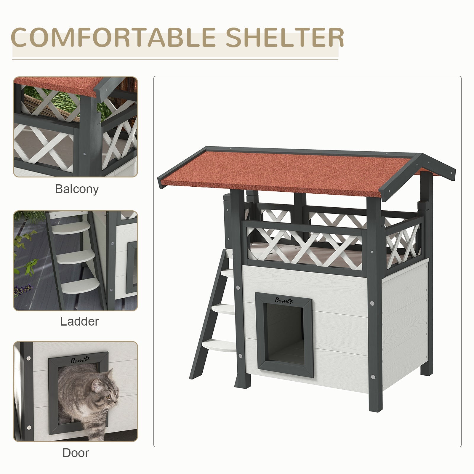 Cat House Outdoor, Wooden Feral Cat House with Balcony Stairs Asphalt Waterproof 77L x 50W x 73Hcm - White