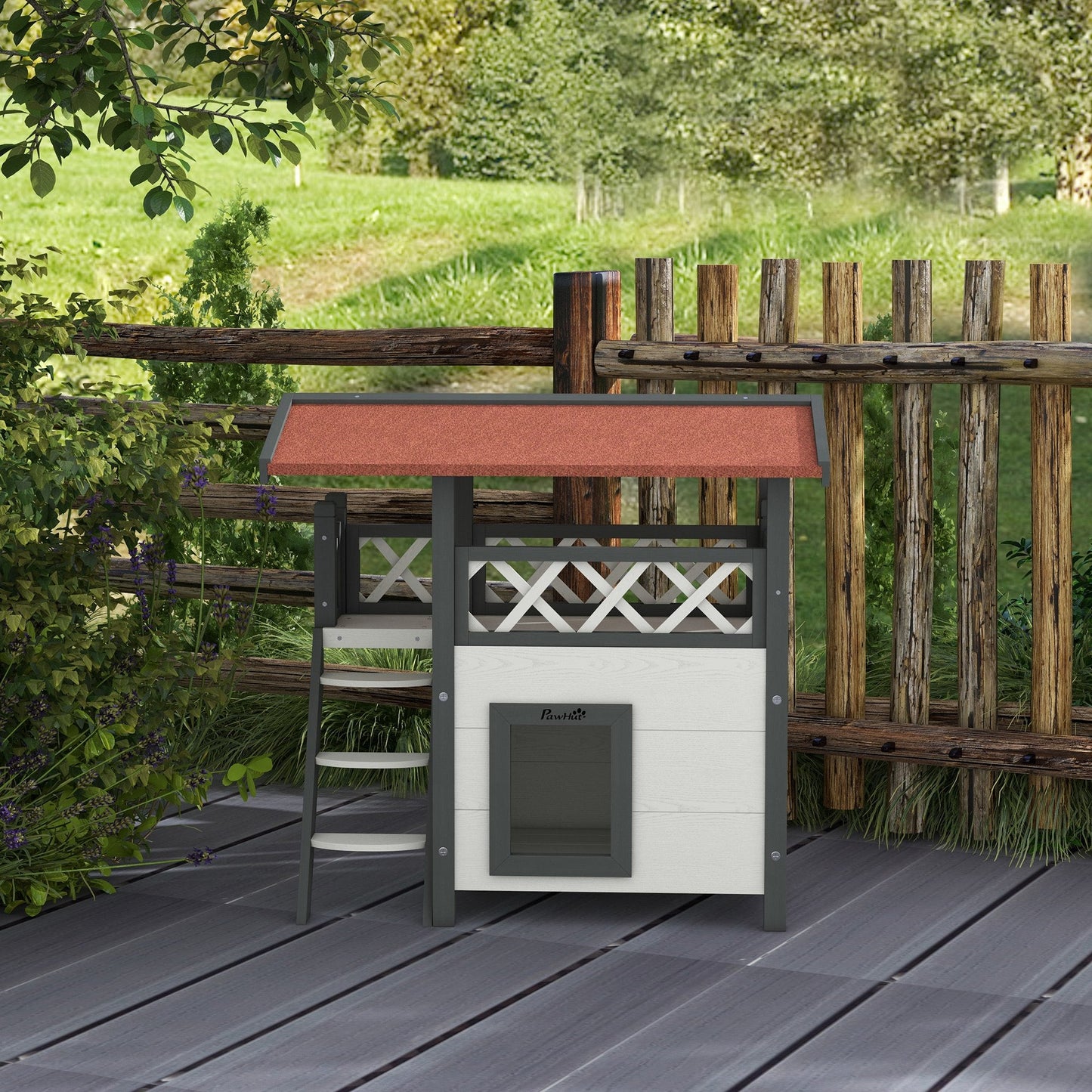 Cat House Outdoor, Wooden Feral Cat House with Balcony Stairs Asphalt Waterproof 77L x 50W x 73Hcm - White