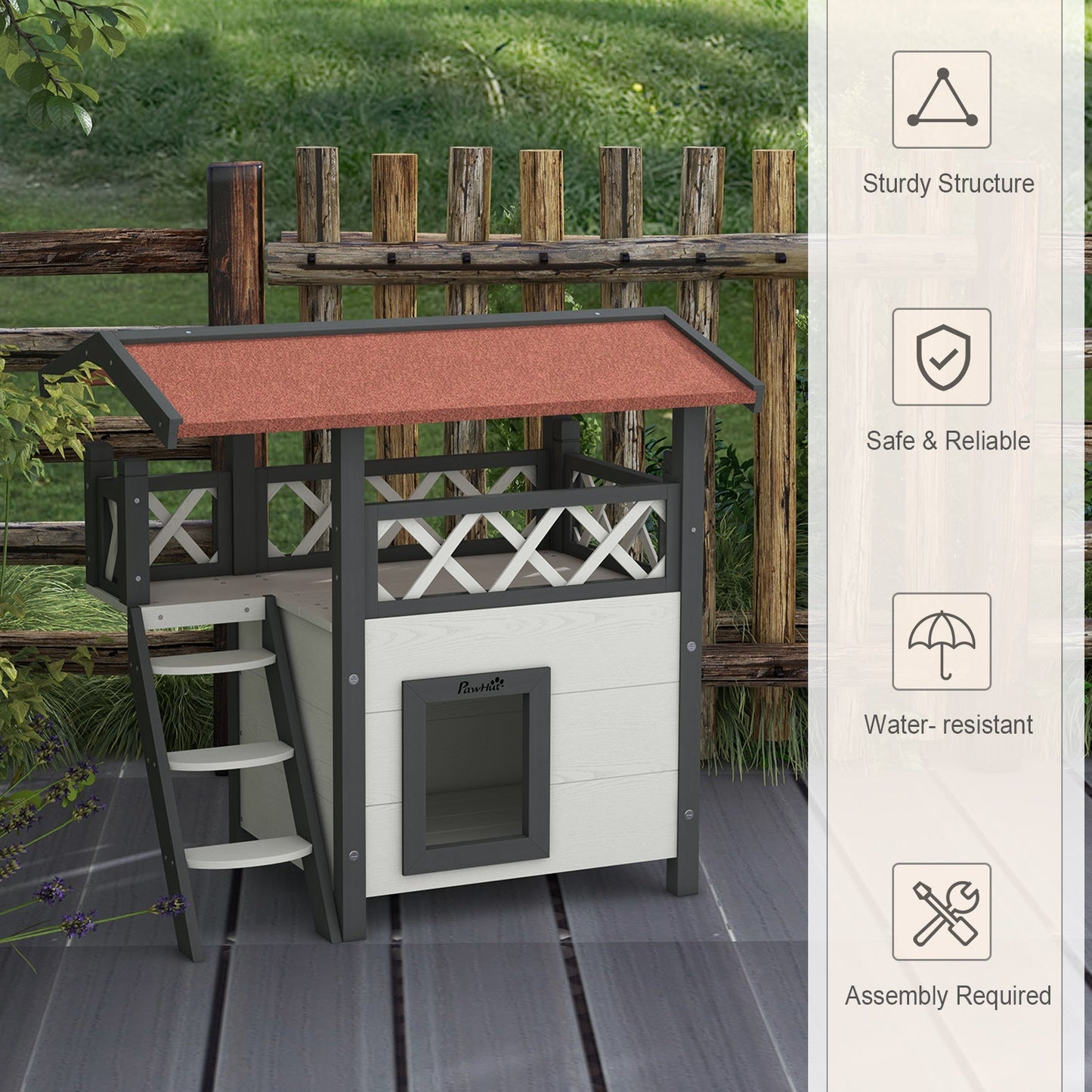 Cat House Outdoor, Wooden Feral Cat House with Balcony Stairs Asphalt Waterproof 77L x 50W x 73Hcm - White