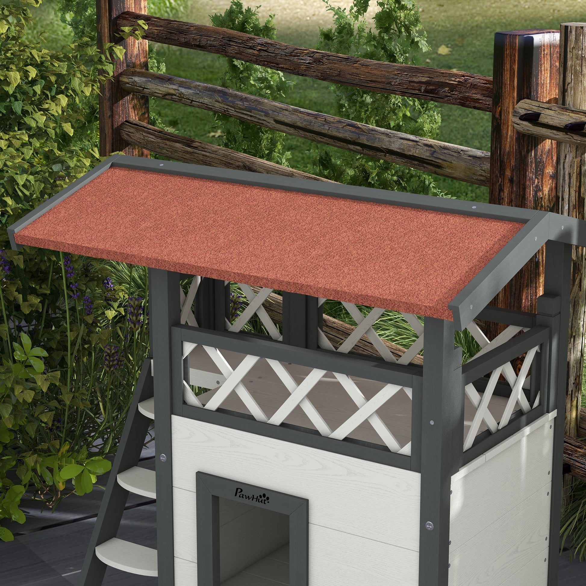 Cat House Outdoor, Wooden Feral Cat House with Balcony Stairs Asphalt Waterproof 77L x 50W x 73Hcm - White