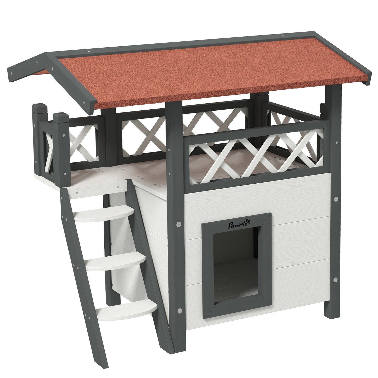 Cat House Outdoor, Wooden Feral Cat House with Balcony Stairs Asphalt Waterproof 77L x 50W x 73Hcm - White