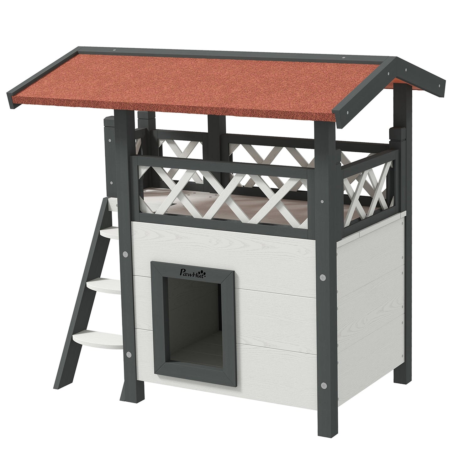 Cat House Outdoor, Wooden Feral Cat House with Balcony Stairs Asphalt Waterproof 77L x 50W x 73Hcm - White