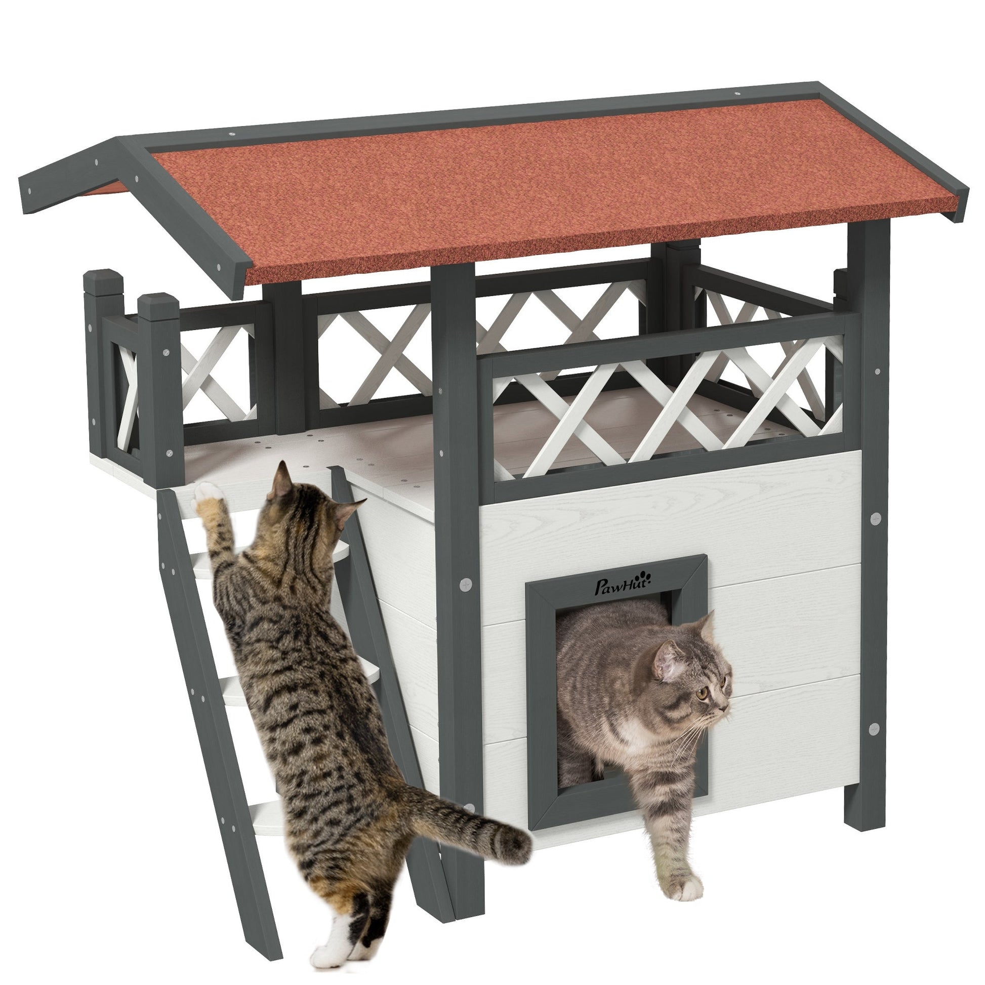 Cat House Outdoor, Wooden Feral Cat House with Balcony Stairs Asphalt Waterproof 77L x 50W x 73Hcm - White