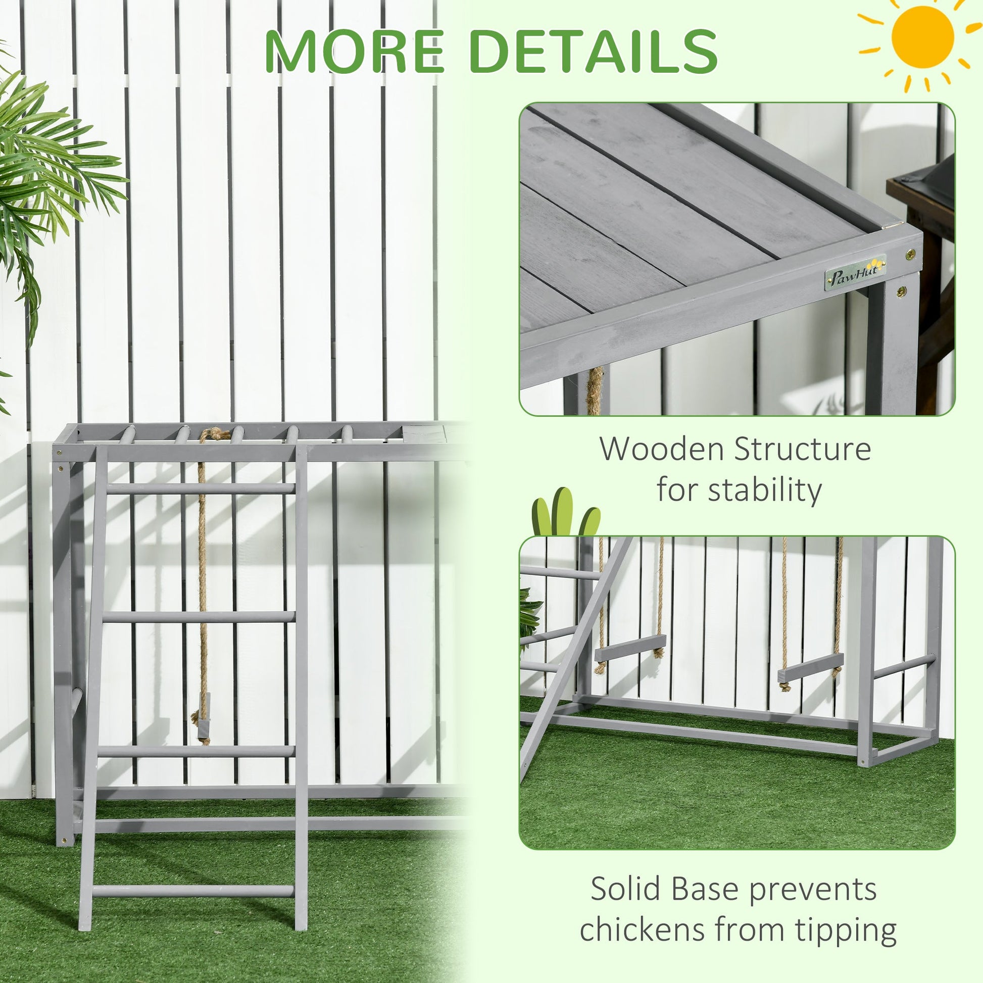 Chicken Activity Play with Swing Set, Wooden Chicken Coop Accessory with Multiple Chicken Perches & Hen Ladder for 3-4 Chickens, Grey