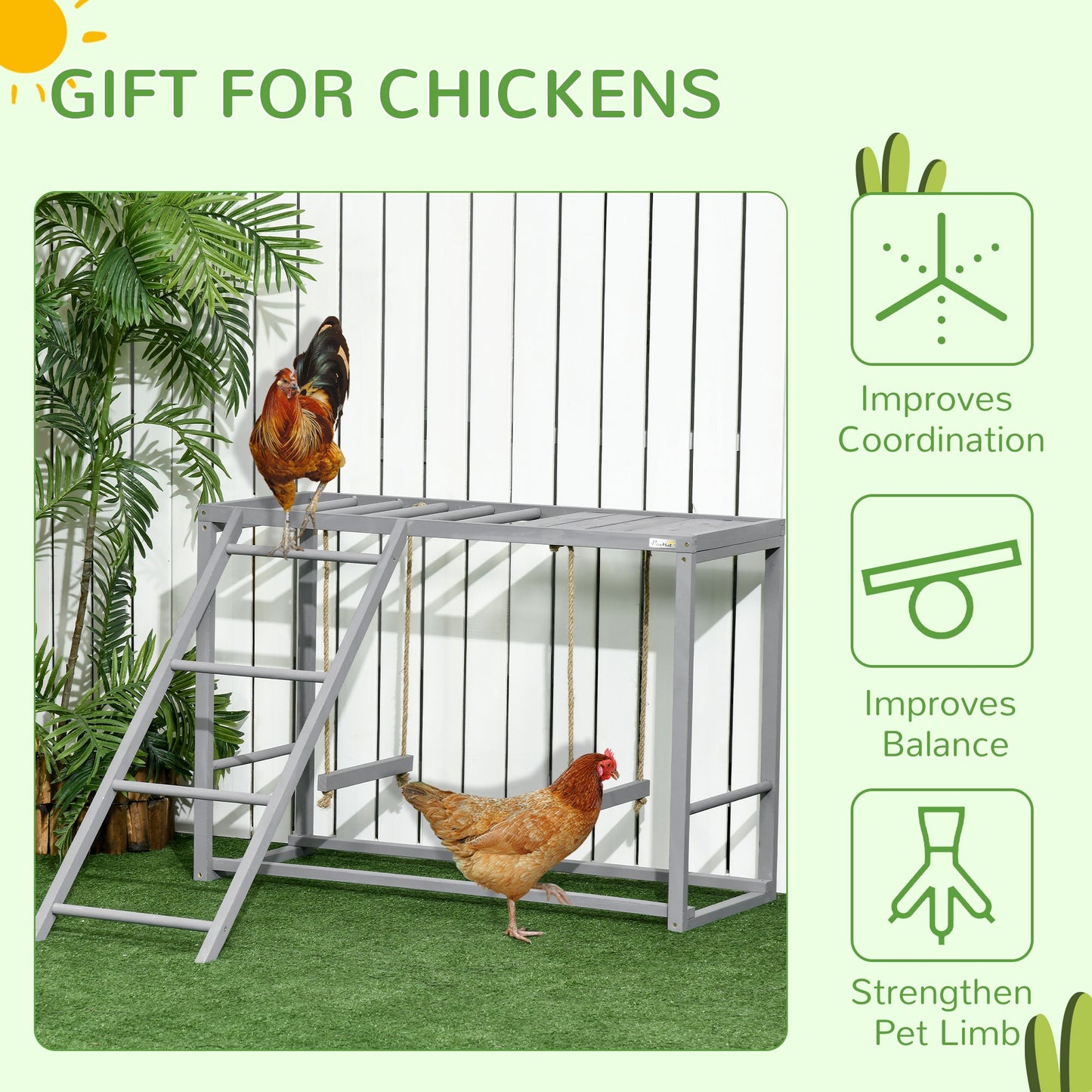Chicken Activity Play with Swing Set, Wooden Chicken Coop Accessory with Multiple Chicken Perches & Hen Ladder for 3-4 Chickens, Grey