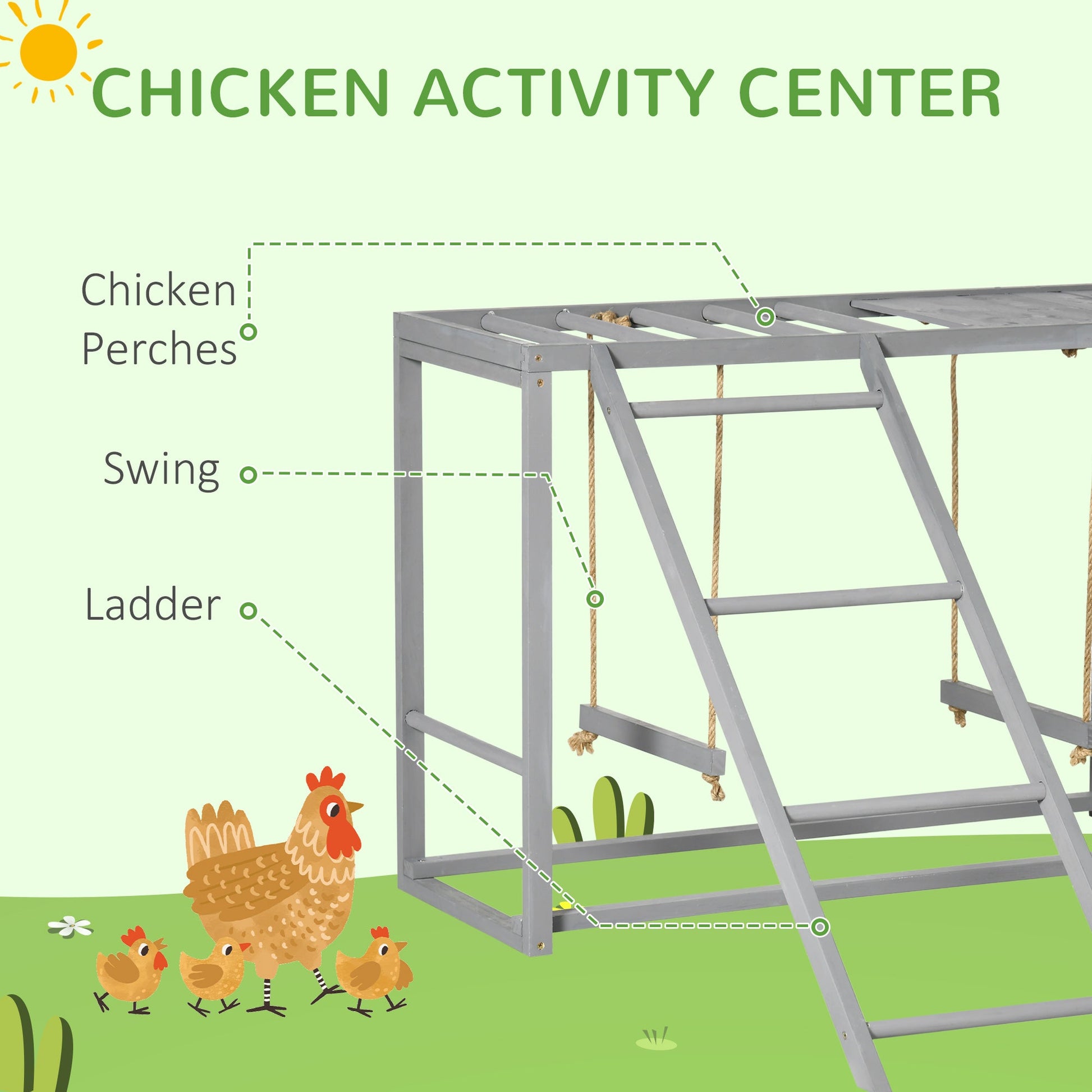 Chicken Activity Play with Swing Set, Wooden Chicken Coop Accessory with Multiple Chicken Perches & Hen Ladder for 3-4 Chickens, Grey