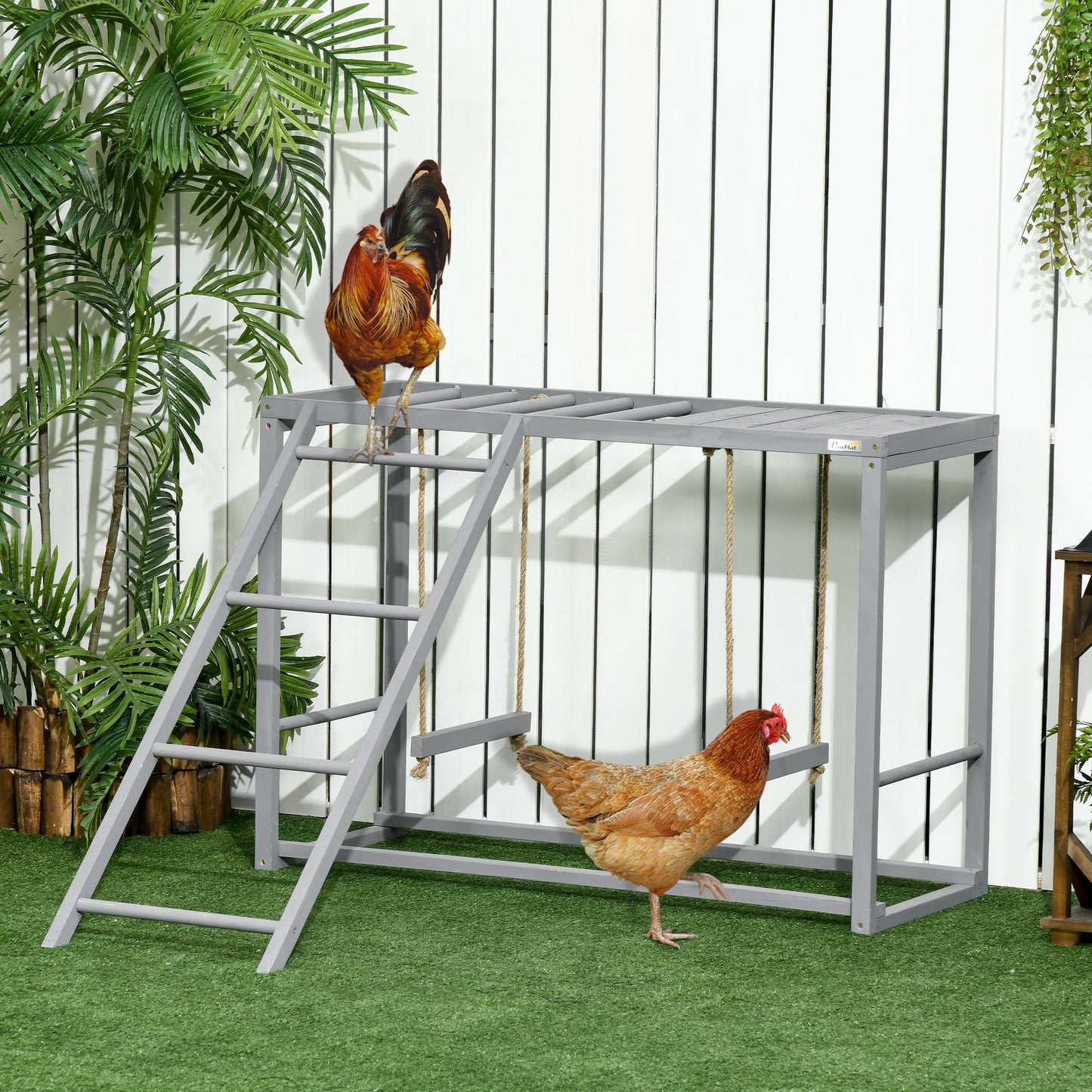 Chicken Activity Play with Swing Set, Wooden Chicken Coop Accessory with Multiple Chicken Perches & Hen Ladder for 3-4 Chickens, Grey