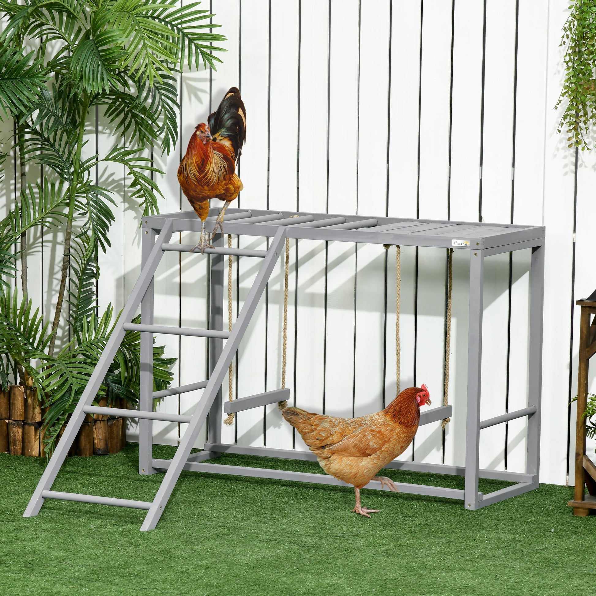 Chicken Activity Play with Swing Set, Wooden Chicken Coop Accessory with Multiple Chicken Perches & Hen Ladder for 3-4 Chickens, Grey