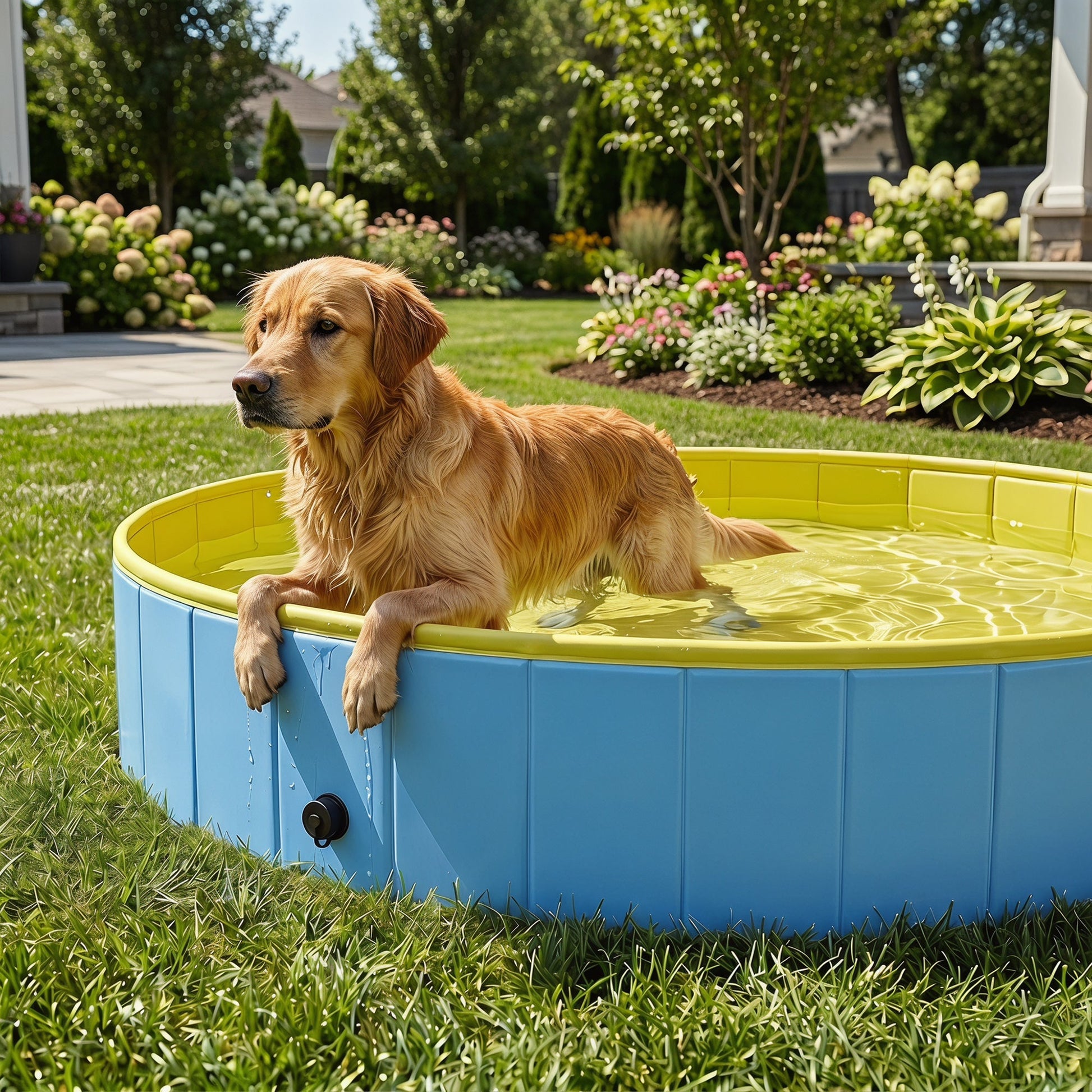 Foldable Dog Pool for Puppies and Ducks, Thickened PVC Dog Paddling Pool Bath Tub Hard Board, Anti-Slip Bottom and Hose Adapter for Easy Drainage, 140 x 30cm, Blue and Yellow