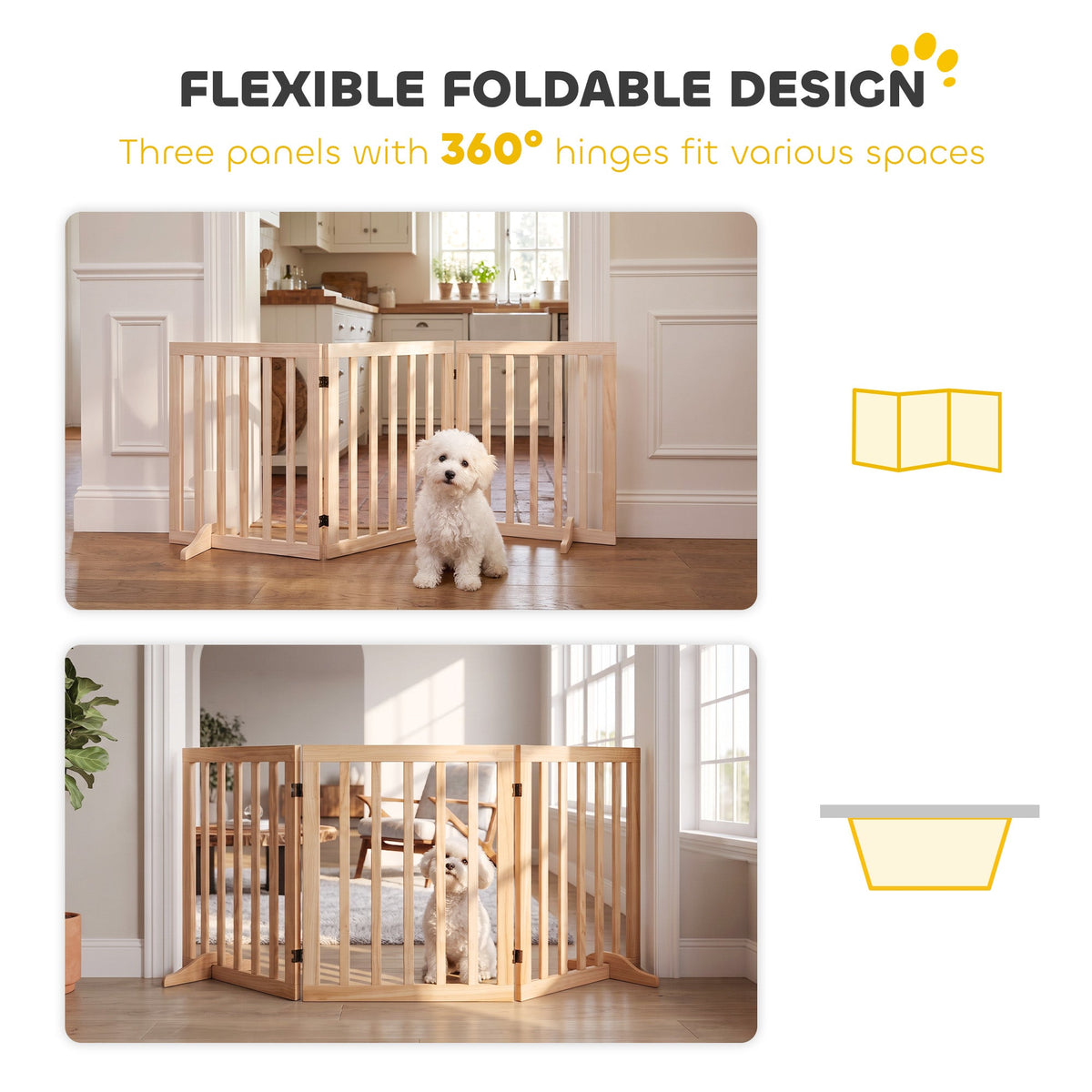 Wooden Dog Gate, 3-Panel Freestanding Pet Gates Indoor with 2 Support Feet and 360° Flexible Hinges, Foldable Dog Barrier for Stairs, Doorways, Bedrooms, 61H cm, Natural