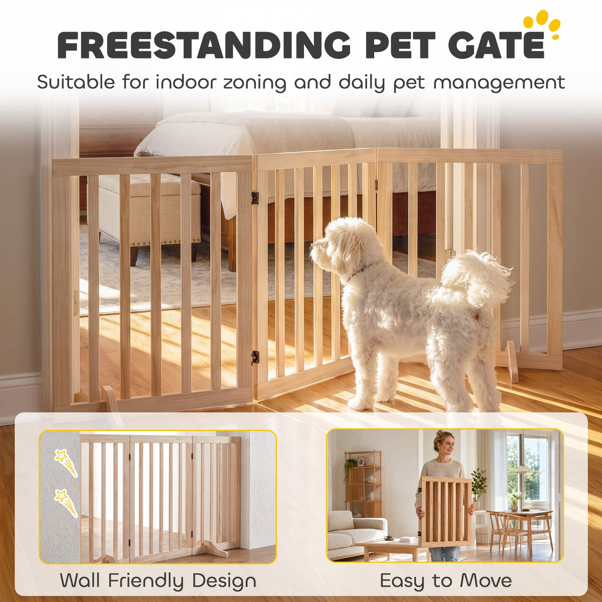 Wooden Dog Gate, 3-Panel Freestanding Pet Gates Indoor with 2 Support Feet and 360° Flexible Hinges, Foldable Dog Barrier for Stairs, Doorways, Bedrooms, 61H cm, Natural