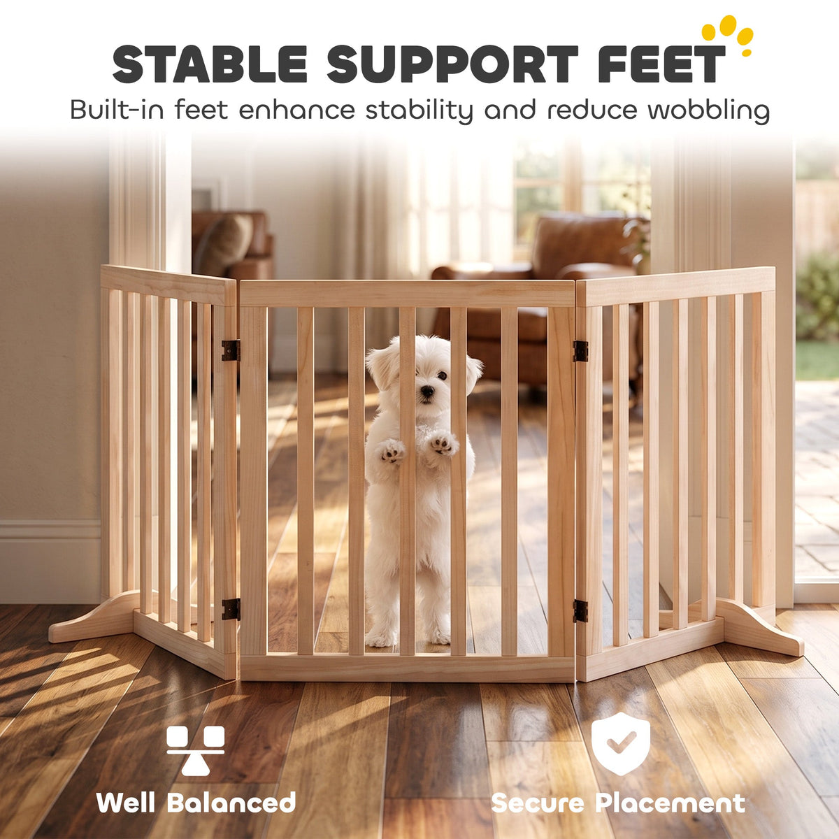 Wooden Dog Gate, 3-Panel Freestanding Pet Gates Indoor with 2 Support Feet and 360° Flexible Hinges, Foldable Dog Barrier for Stairs, Doorways, Bedrooms, 61H cm, Natural